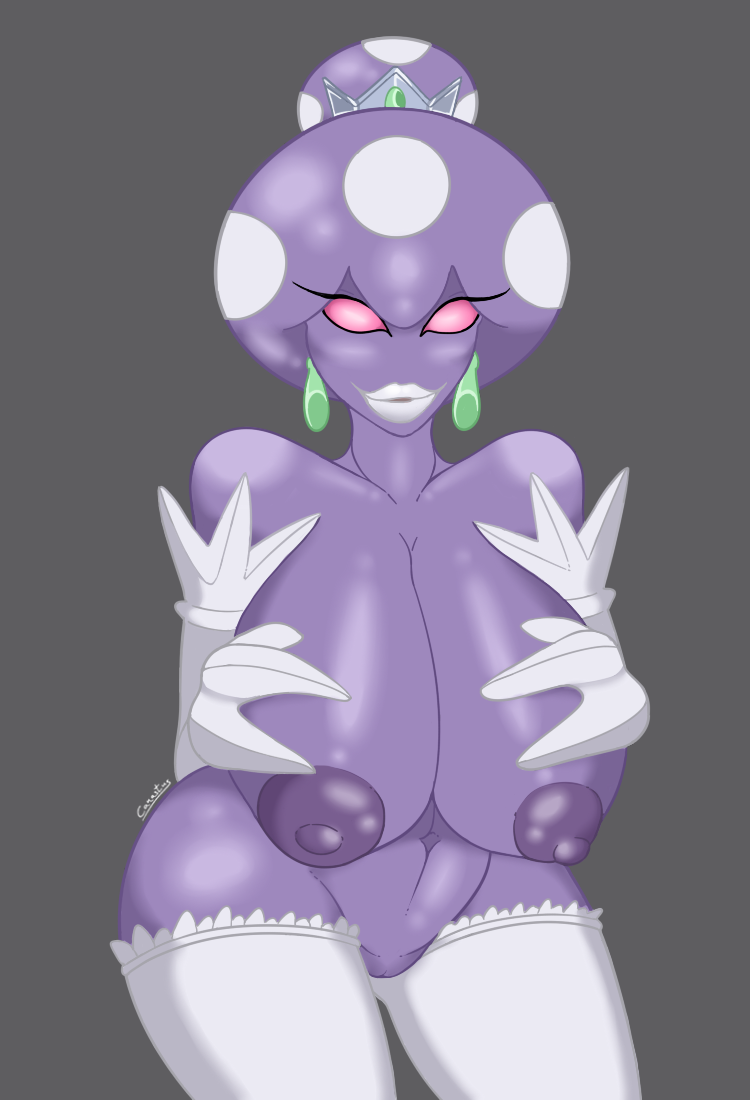 alien belly big_breasts big_lips breasts canastus clothing crown ear_piercing female fungi_fauna gloves half_naked humanoid legwear lips looking_at_viewer makeup mario_(series) mario_and_luigi_(series) mature_female navel nintendo nipples nude piercing princess_shroob purple_skin pussy red_eyes shroob smile stockings video_games