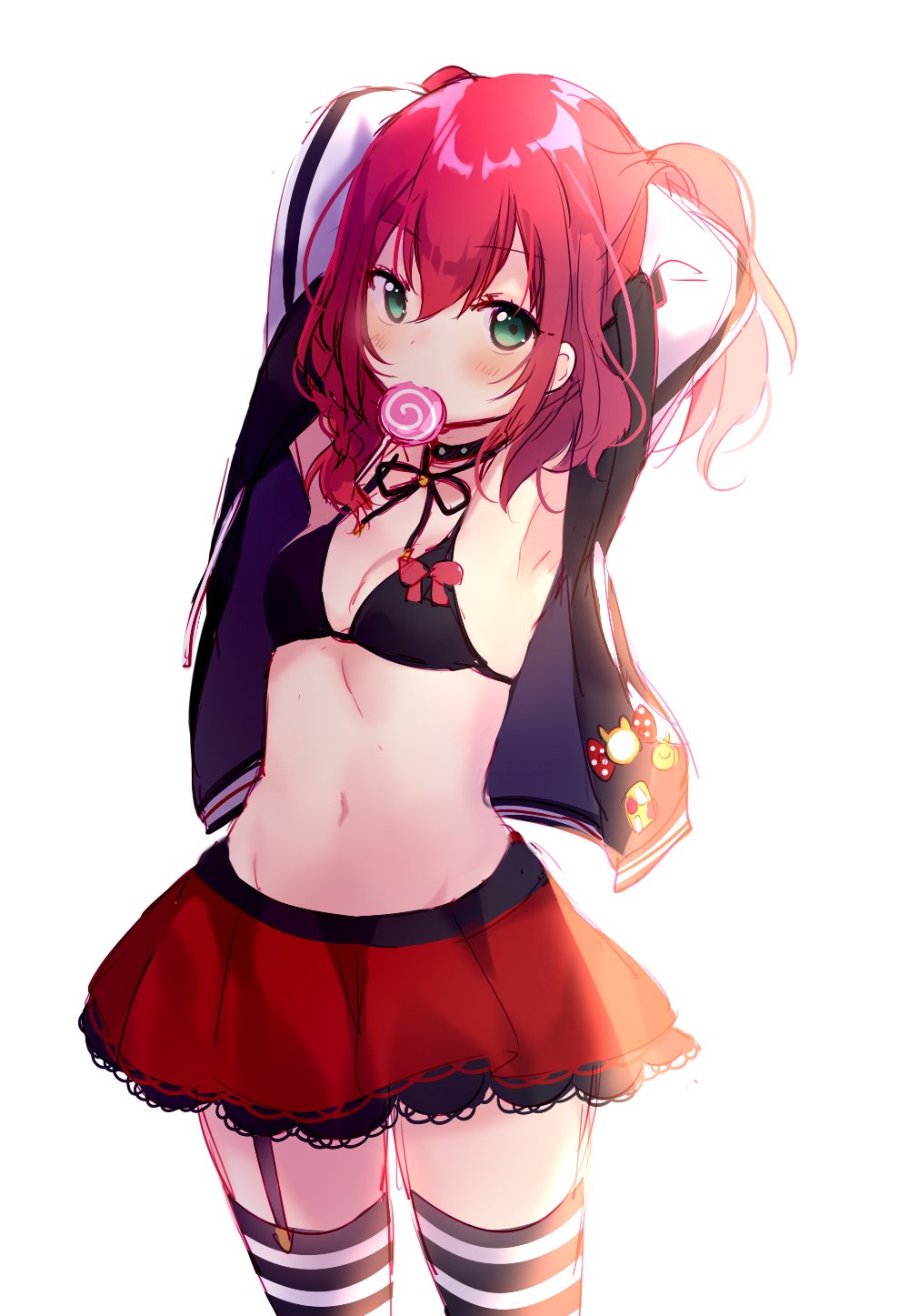 blush breasts clothing female green_eyes kurosawa_ruby legs_together love_live! love_live!_sunshine!! red_hair skirt thighhighs