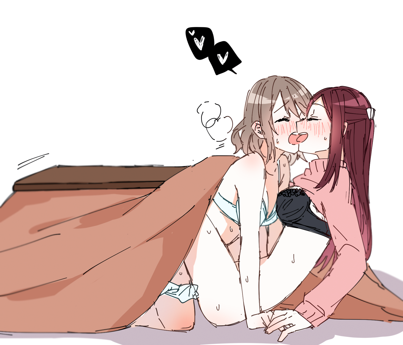 2girls, bare shoulders, blush, bottomless, bra, breasts, brown hair, cleavage, closed eyes, eyebrows visible through hair, female, female only, hairclip, hand holding, happy, heart, heavy breathing, kissing, kneeling, leaning back, leaning forward, light brown hair, long hair, looking pleasured, love live!, love live! sunshine!!, medium breasts, no panties, nose blush, on floor, open mouth, panties around leg, panties down, passionate, pleasure face, sakurauchi riko, shirt lift, short hair, side view, small breasts, smile, spoken heart, steam, sweat, sweatdrop, sweater, sweater lift, tongue, tongue out, turtleneck, undressing, visible breath, watanabe you, white skin, wholesome, yuri