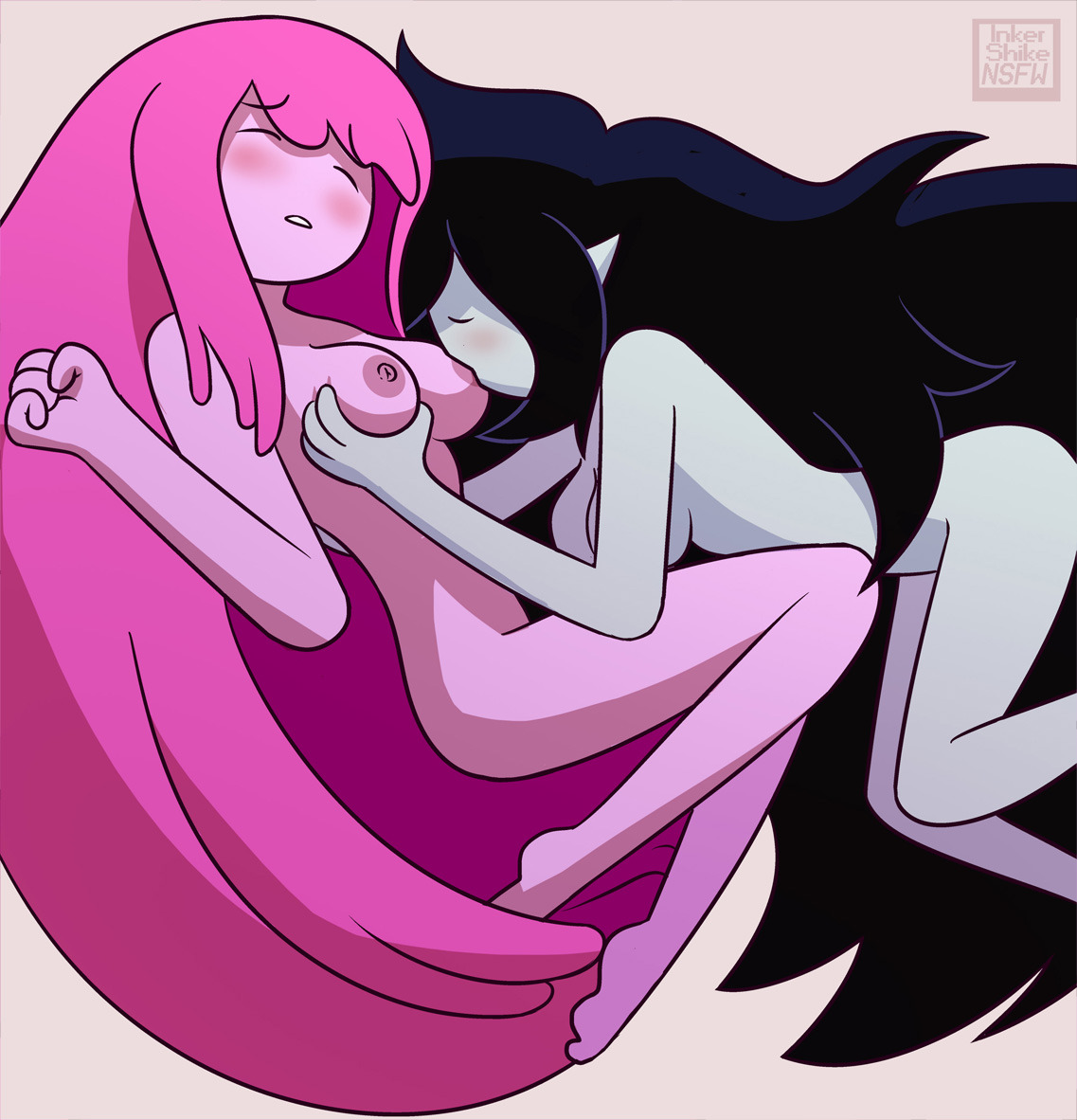 2018, 2girls, 4 fingers, adventure time, areolae, ass, barefoot, black hair, blush, breast grab, breast sucking, breasts, canon couple, cartoon network, closed eyes, couple, curvy, duo, eyebrows, eyebrows visible through hair, eyes closed, female, female only, grabbing, grey skin, hair, humanoid, inkershike, light skin, light-skinned female, long hair, looking pleasured, marceline, multiple females, multiple girls, nipples, nude, pale skin, pale-skinned female, pink hair, pink skin, princess, princess bubblegum, sideboob, sucking, vampire, very long hair, watermark, yuri