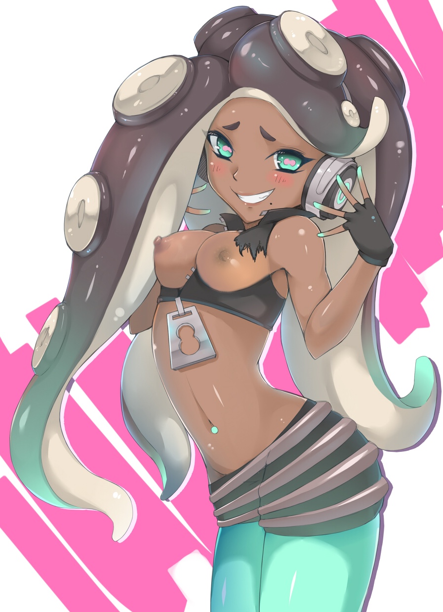 abstract_background animal_humanoid areolae beauty_mark blush breasts breasts_out crop_top dark-skinned_female dark_skin edit exposed_breasts eyelashes female female_only fingerless_(marking) fingerless_gloves front_view gloves green_eyes headphones highres long_hair marina_(splatoon) marine_humanoid medium_breasts midriff mokkosu. mole mole_under_mouth navel navel_piercing nintendo nipples octoling perky_breasts piercing smile solo splatoon splatoon_2 tentacle_hair third-party_edit toned torn_clothes very_long_hair zipper_pull_tab