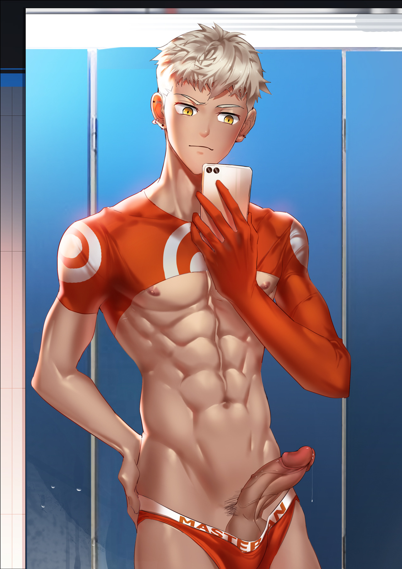 1boy, abs, earrings, gay, gay male, gloves, human, locker room, lymss, male, male only, mirror, muscles, nintendo, nipples, original character, penis, phone, pokemon, pokemon go, precum, pubic hair, smartphone, sportswear, text, underwear, white hair, yaoi, yellow eyes
