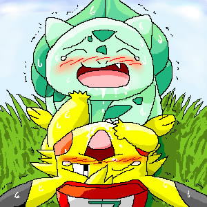 1boy ambiguous_gender ashchu blush bulbasaur closed_eyes drooling furry grass hat interspecies male nintendo outdoors pasaran pikachu pokémon_(species) pokemon pokemon_rgby rodent saliva scalie sex simple_background source_request sweat teeth trembling video_games white_background