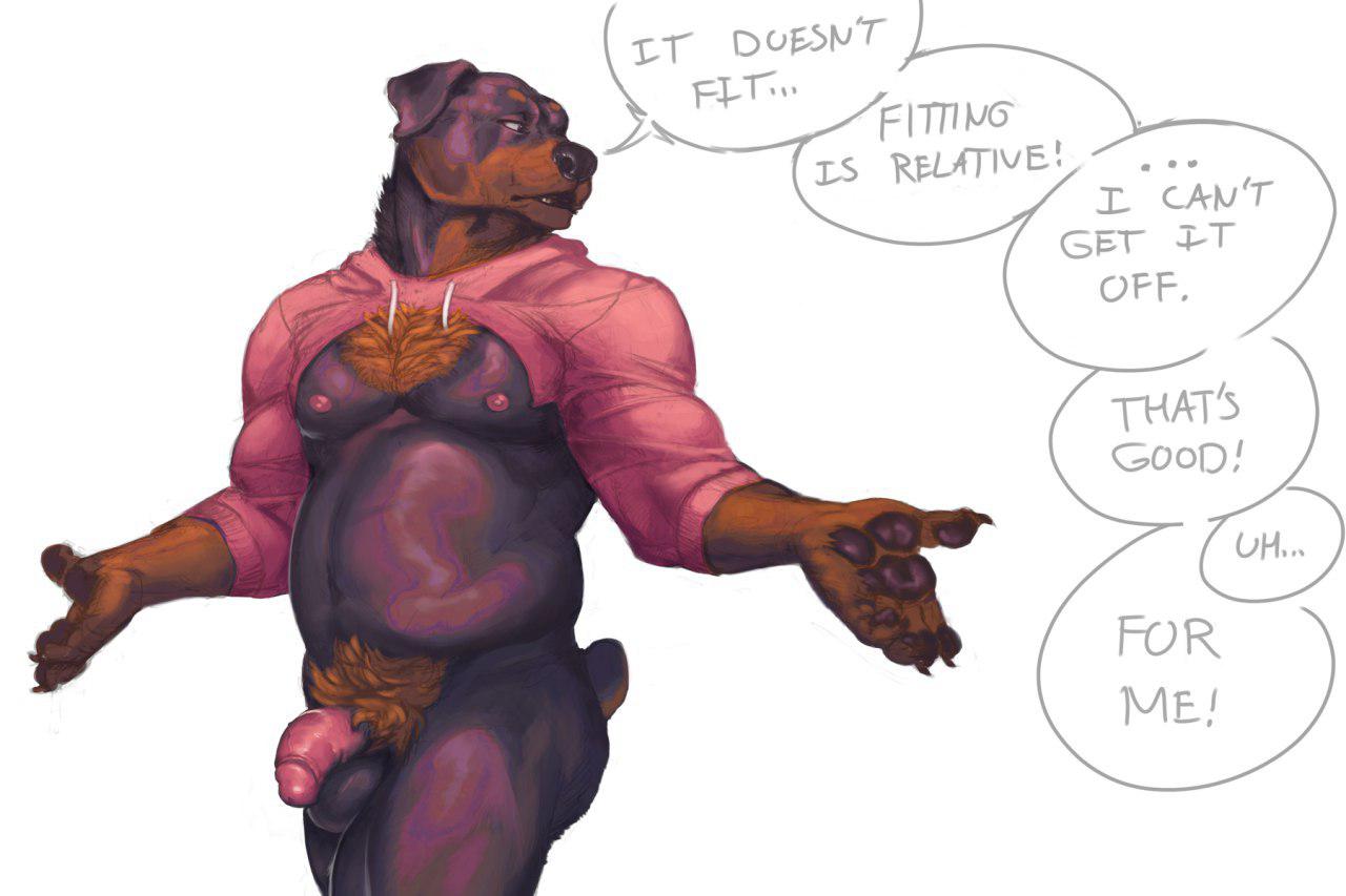 anthro belly bottomless canine chest_tuft clothed clothing drawyourfursona eyrich floppy_ears humanoid_penis male male_only mammal meme nipples penis pink_hoodie pink_nipples pubes rottweiler slightly_chubby tuft twitter_hoodie