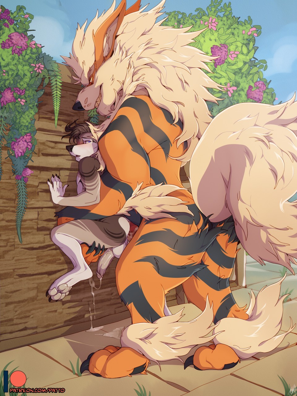 2boys anal anthro anthro_on_feral arcanine big_dom_small_sub big_feet blue_eyes blush canine duo feet feral flower fur furry gay interspecies knot large_ass larger_male male male_only mammal nintendo orange_fur original_character patto paws penis plant pokémon pokémon_(species) pokemon_rgby rape_face sex size_difference smaller_male text thick_thighs url video_games watermark wide_hips yaoi zoophilia