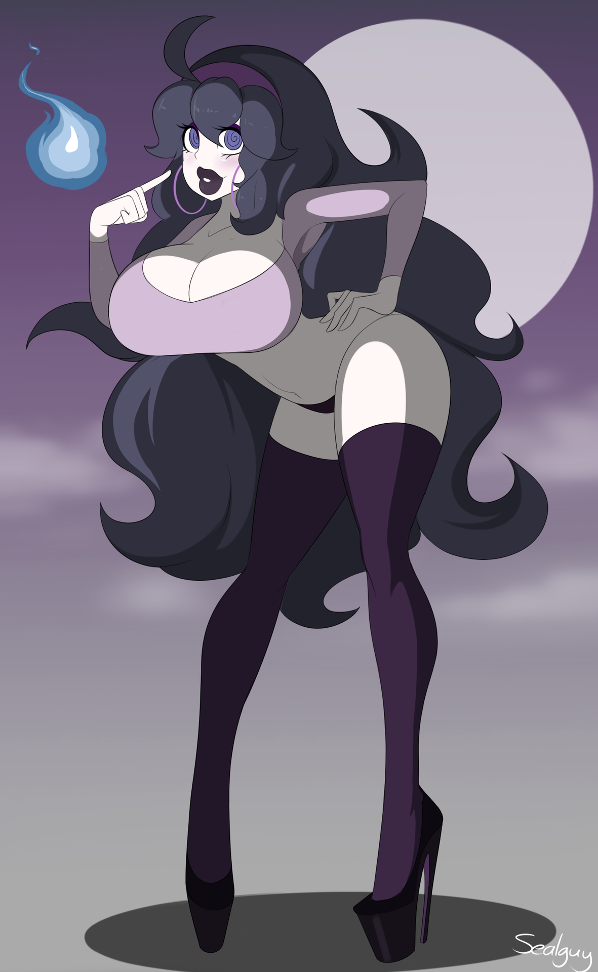 1girls, ahoge, belly, bent over, big lips, bimbo, bimbo lips, black heels, bra, breasts, bursting breasts, cleavage, eyelashes, female, female only, game freak, ghost, hand on hips, hex maniac, hex maniac (pokemon xy), high heels, hoop earrings, huge breasts, human, lips, lipstick, long hair, long legs, looking at viewer, mature, mature female, moon, navel, night, nintendo, outdoors, pale skin, pigeon toed, pigeon-toed, platform heels, pokemon, pokemon xy, purple eyes, purple hair, purple lips, purple lipstick, sealguy, shadow, shirt, solo, spiral eyes, text, thick lips, thick thighs, thighhighs, watermark, wide hips