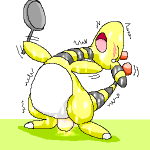 1girls ampharos birth blush egg egg_laying female frying_pan furry nintendo pasaran pokémon_(species) pokemon pokemon_(species) pokemon_gsc shaking solo standing trembling video_games