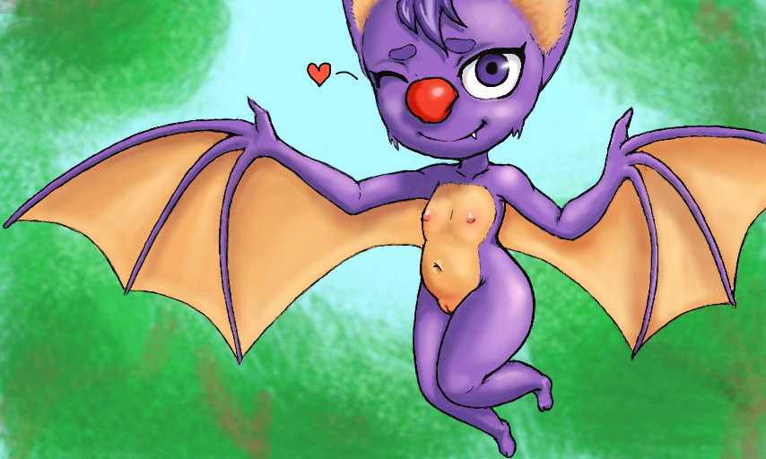 bat cheek_tuft female fur heart laylee looking_at_viewer mammal nsfy_(artist) nude one_eye_closed purple_eyes purple_fur red_nose smile solo thick_thighs tuft winged_arms wings wink yooka-laylee