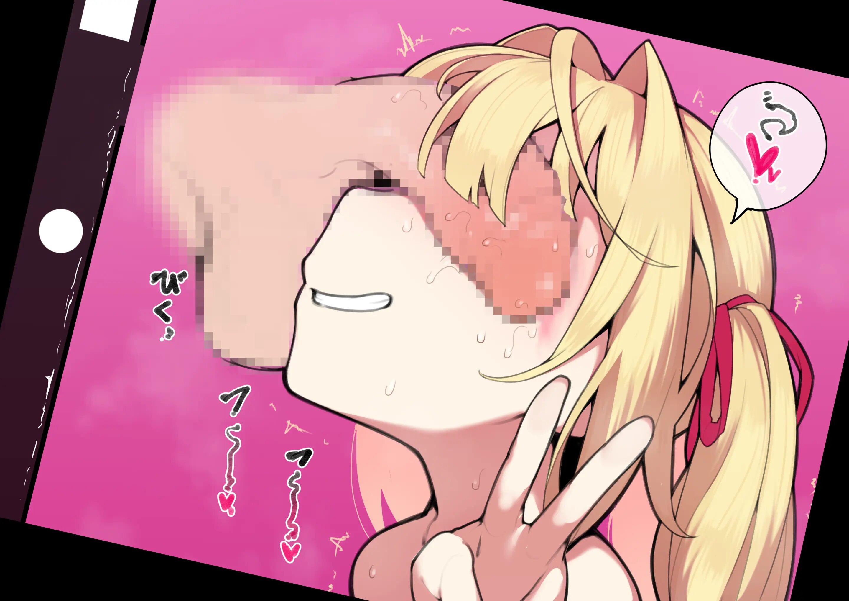 1boy, 1girls, balls, blonde hair, cant see the haters, censored, completely nude, female, heart, hoshikawa sara, japanese text, light skin, light-skinned female, light-skinned male, male, mosaic censoring, nijisanji, nude, penis, penis awe, penis on face, penis over eyes, phone screen, picture, pink background, shiny hair, shiny skin, short twintails, smile, sweat, sweatdrop, teeth, testicles, trembling, twintails, v, virtual youtuber
