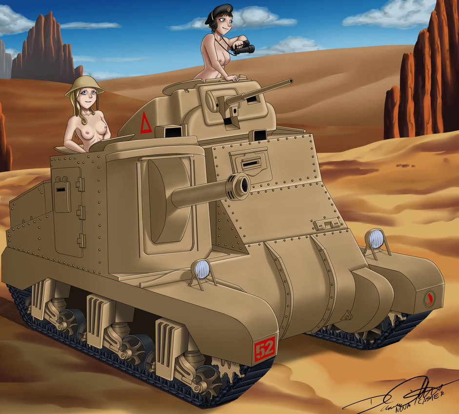 2girls battle_tank binoculars black_hat blonde_hair british brown_hair cannon collarbone desert dessert erwin_rommel functionally_nude functionally_nude_female george_s_patton headphones multiple_girls novacaster small_breasts smile tank tanks world_war_2