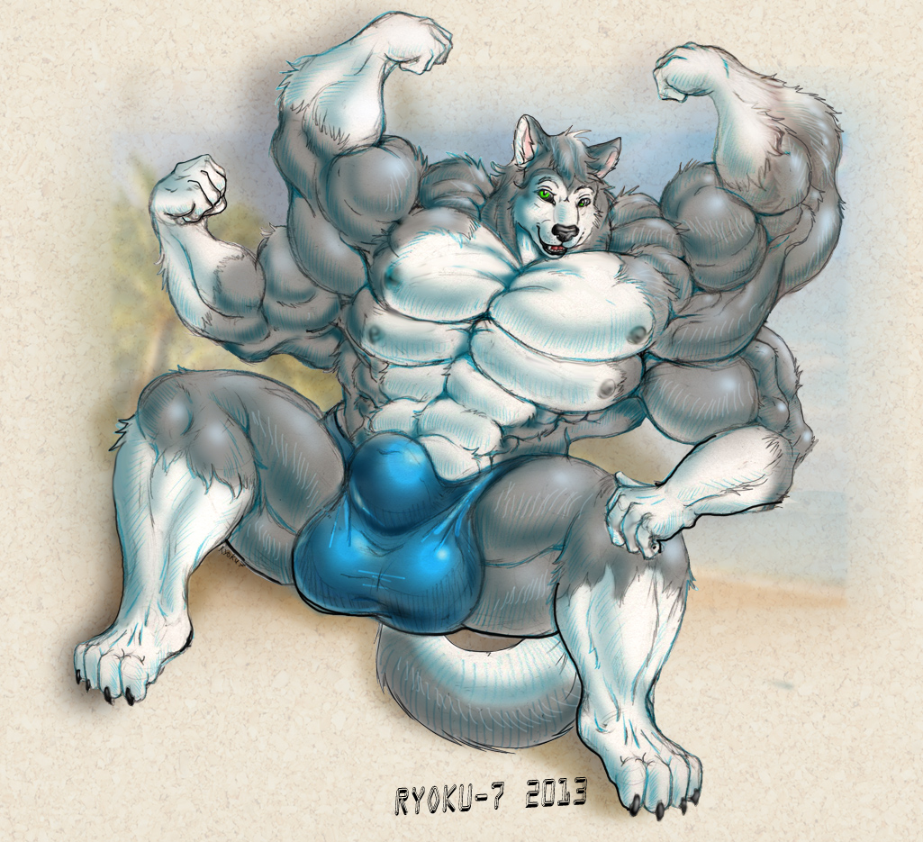 4_arms 4_nipples anthro arms_above_head balls beach big_penis bulge canine clothing flexing huge_muscles husky hybrid lying malamute male male_focus male_only mammal multi_arm multi_limb multi_nipple multi_pec muscular muscular_male nipples nocturne penis penis_outline ryoku7 seaside solo solo_focus surprise thong wolf