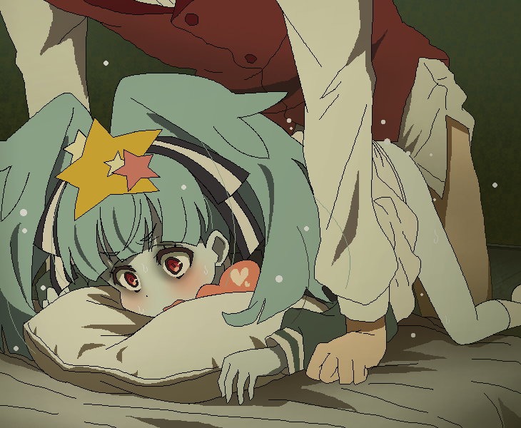 1boy 1girls anal bed clothed_sex dickgirl doggy_style female hetero hoshikawa_lily pillow red_eyes sex solo_focus tomu_(tomubobu) zombie zombie_land_saga