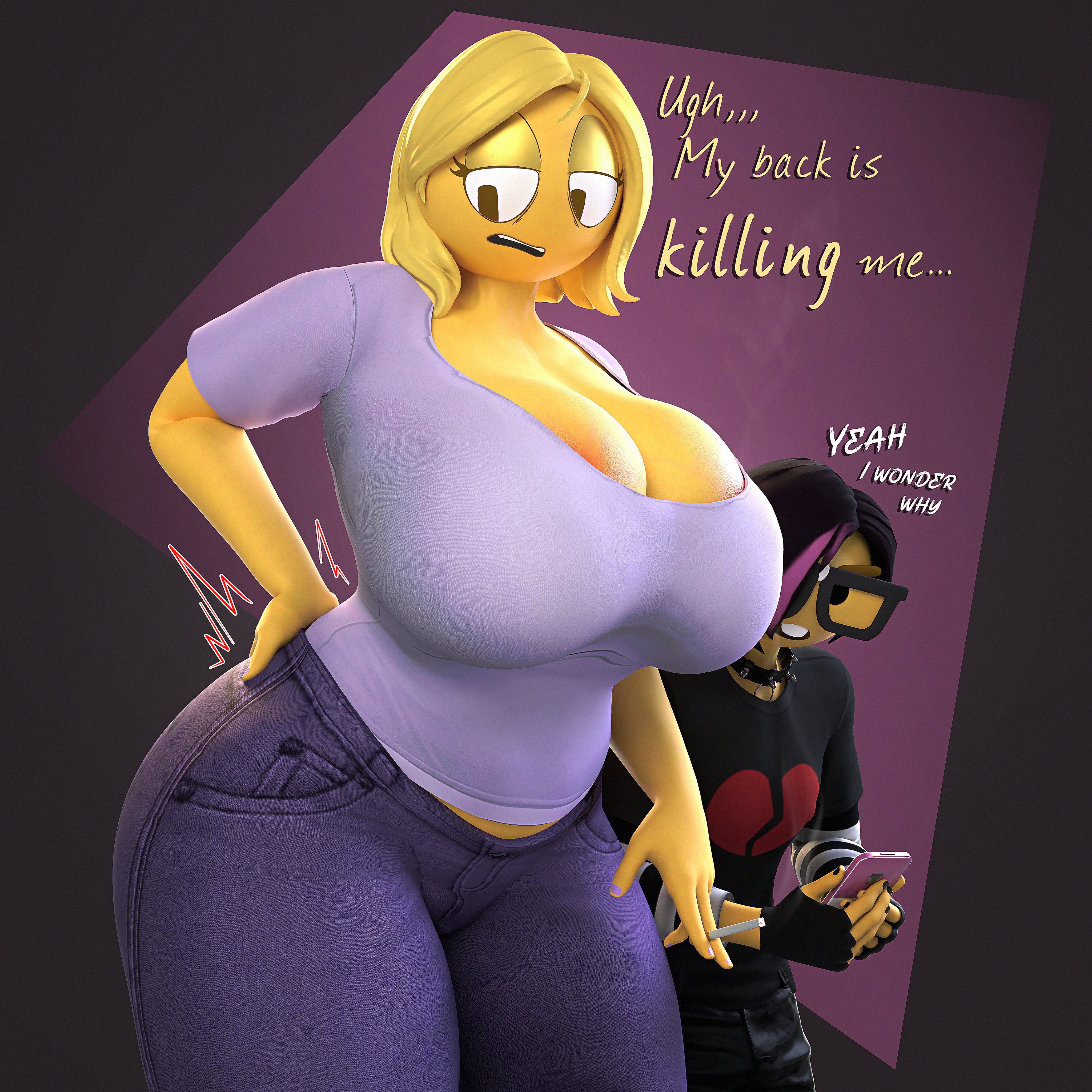 3d, 3d (artwork), back pain, big ass, big breasts, bigger female, breast focus, cigarette, clothed, emoji (race), female, female only, hand on back, huge breasts, mature female, milf, mother (lore), mother and son, nerd, nerd emoji, small d0rk, smaller male, text