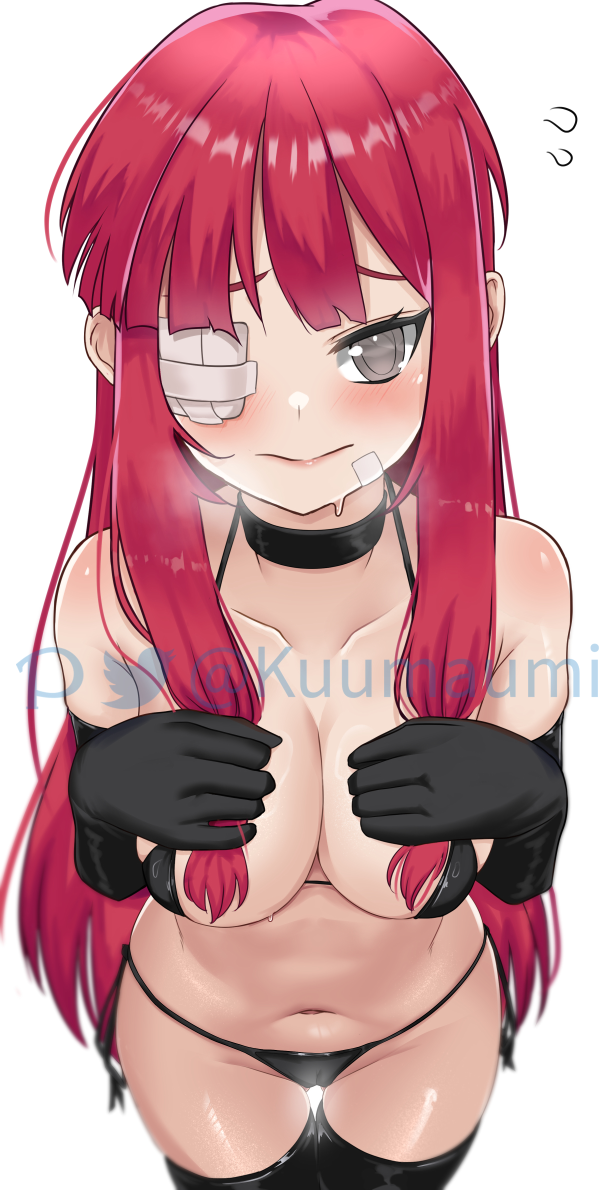 1girl, 1girls, 2d, almost naked, almost nude, artist logo, artist request, bandage, bandage on face, black bikini, black choker, black gloves, black string bikini, black thighhighs, breath cloud, choker, collarbone, color, colored, convenient censoring, cute girl, digital media (artwork), emanata, embarrassed, eyepatch, female, female focus, female only, gloves, gray eyes, holding hair, hourglass figure, innie belly button, latex, limbus company, long gloves, looking at viewer, looking nervous, nervous smile, project moon, pussy outline, red hair, solo, solo focus, sweat, sweatdrop, thigh gap, thighhighs, white background, white eyepatch, wide hips, yuri (limbus company)