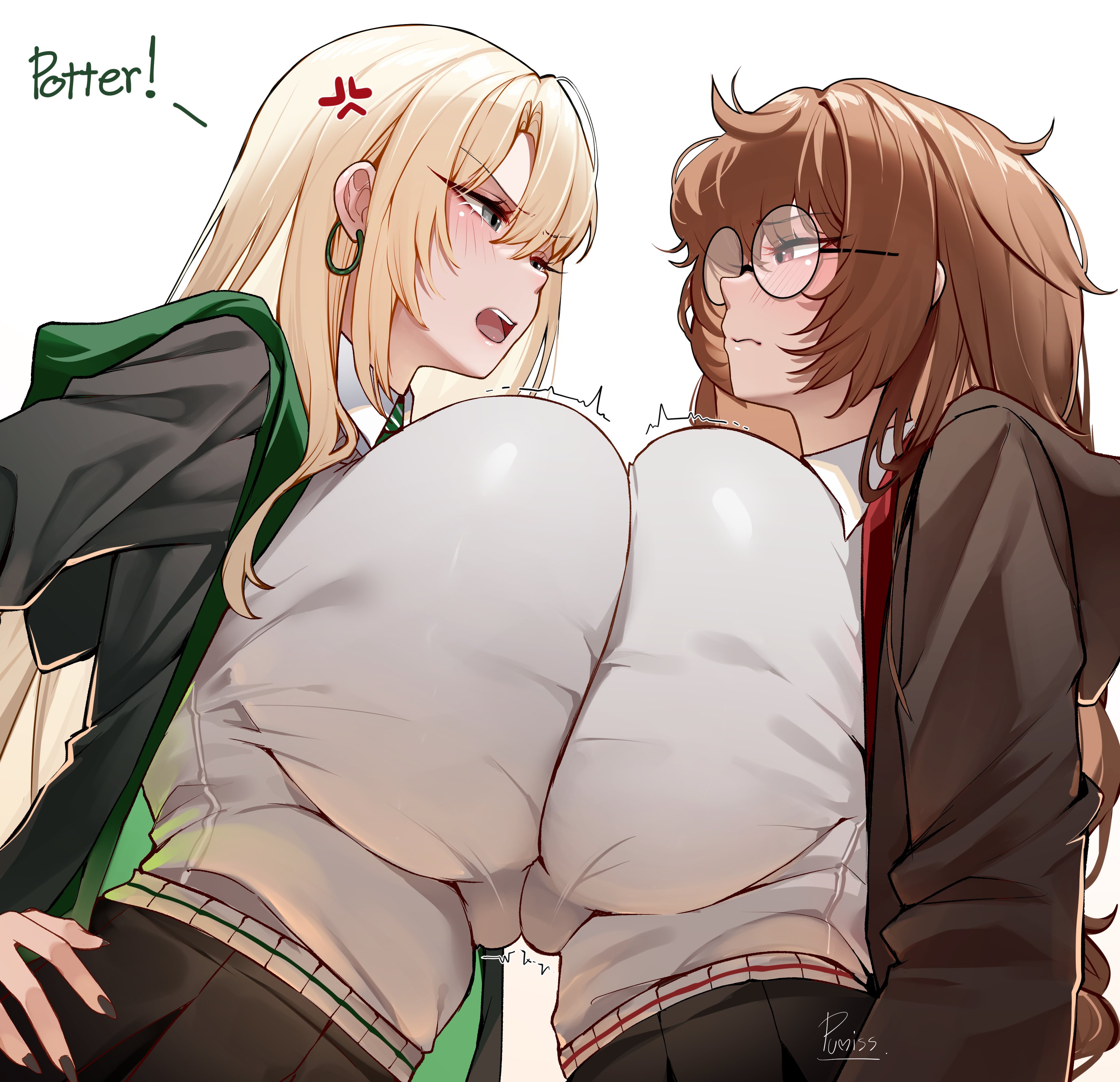 2026, 2d, 2girls, absurd res, absurdres, anger vein, angry, angry face, annoyed, annoyed expression, artist name, big breasts, blonde hair, blush, blush lines, blushing, breast press, breast squeeze, breasts, breasts bigger than head, breasts to breasts, brown body, brown hair, clothed, clothed female, clothing, dialogue, draco malfoy, draco malfoy (redteneri), ear piercing, earrings, english, english dialogue, english text, female, female only, female/female, fully clothed, genderswap, genderswap (mtf), glasses, harry james potter, harry potter, hi res, highres, huge breasts, large breasts, light skin, light-skinned female, long hair, pumiss, rule 63, school uniform, schoolgirl, text, upper body, upper body focus, very long hair, voluptuous, voluptuous female, watermark, white eyes