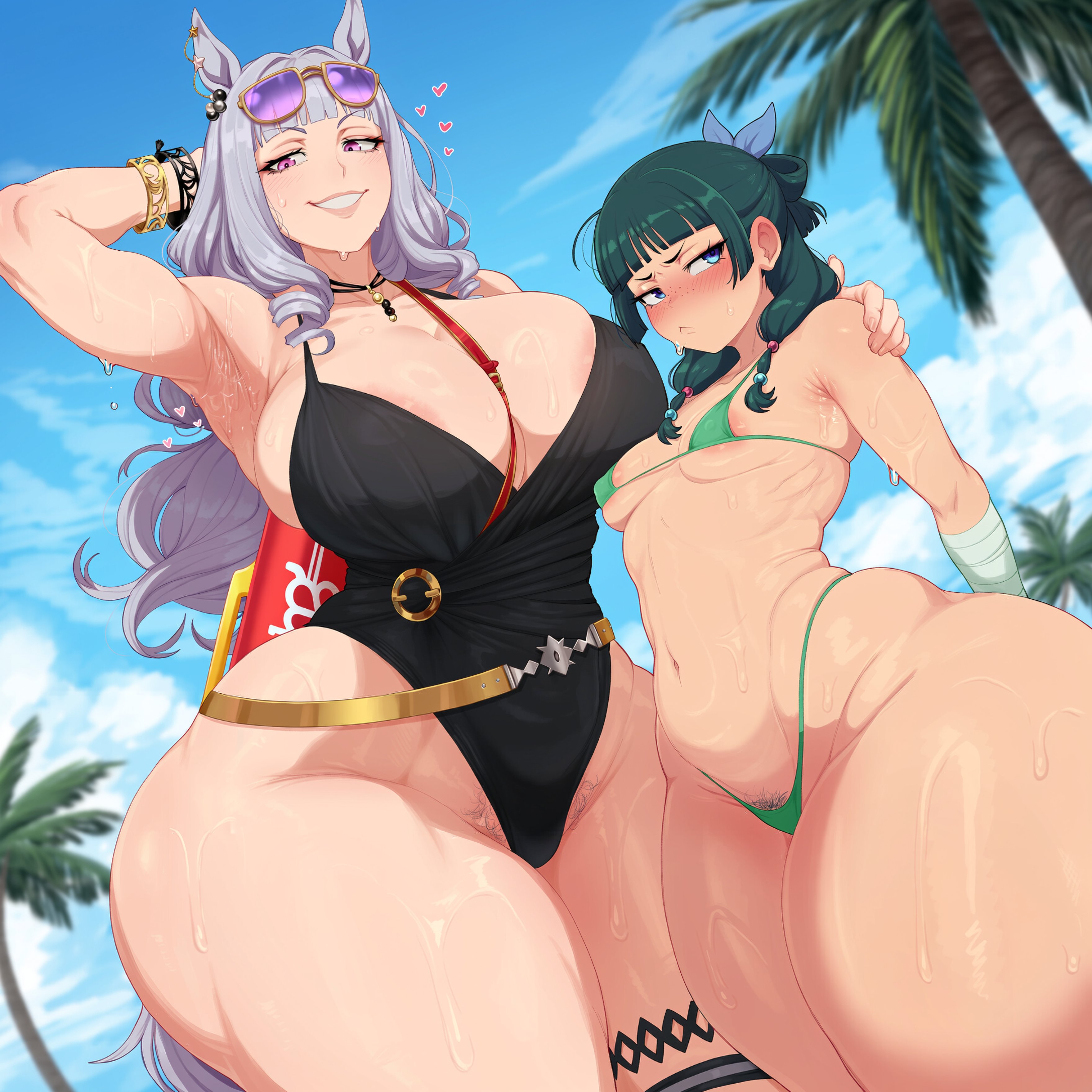 2026, 2girls, ai generated, areola slip, areolae, arm behind head, arm up, beach, big ass, big breasts, bikini, blue eyes, blushing, bubble butt, child bearing hips, dat ass, dumptruck ass, el memc, fat ass, female, female only, flat chest, gold ship (run revolt launcher) (umamusume), gold ship (umamusume), green hair, grey hair, hair ornament, hairy, hairy pussy, horny, horny female, horse ears, horse girl, horse tail, huge ass, huge breasts, imminent sex, kusuriya no hitorigoto, lifeguard, lifeguard swimsuit, looking at viewer, looking away, looking pleasured, maomao (kusuriya no hitorigoto), memch0, musk, musk clouds, necklace, pubic hair, purple eyes, small breasts, sunglasses, sunglasses on head, sweat, sweatdrop, sweating, sweaty, swimsuit, thick thighs, thunder thighs, umamusume, umamusume pretty derby