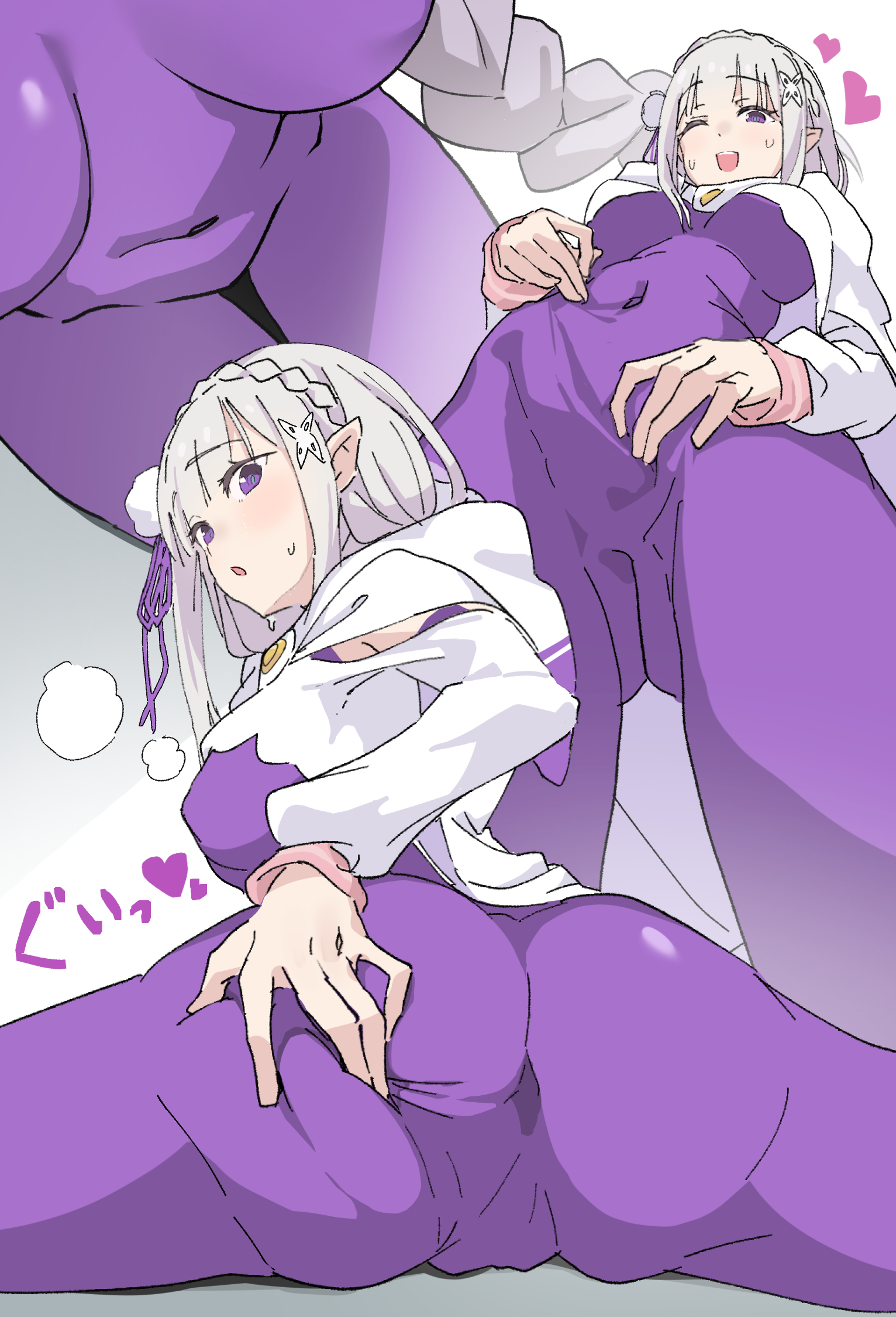 1girl, ass, bodysuit, braid, breasts, cameltoe, commentary request, crown braid, elf, emilia (re:zero), hair ornament, hair ribbon, highres, impossible bodysuit, impossible clothes, large breasts, mochi-jun, multiple views, pointy ears, purple bodysuit, purple eyes, purple ribbon, re:zero kara hajimeru isekai seikatsu, ribbon, skin tight, solo, spreading own ass, white hair