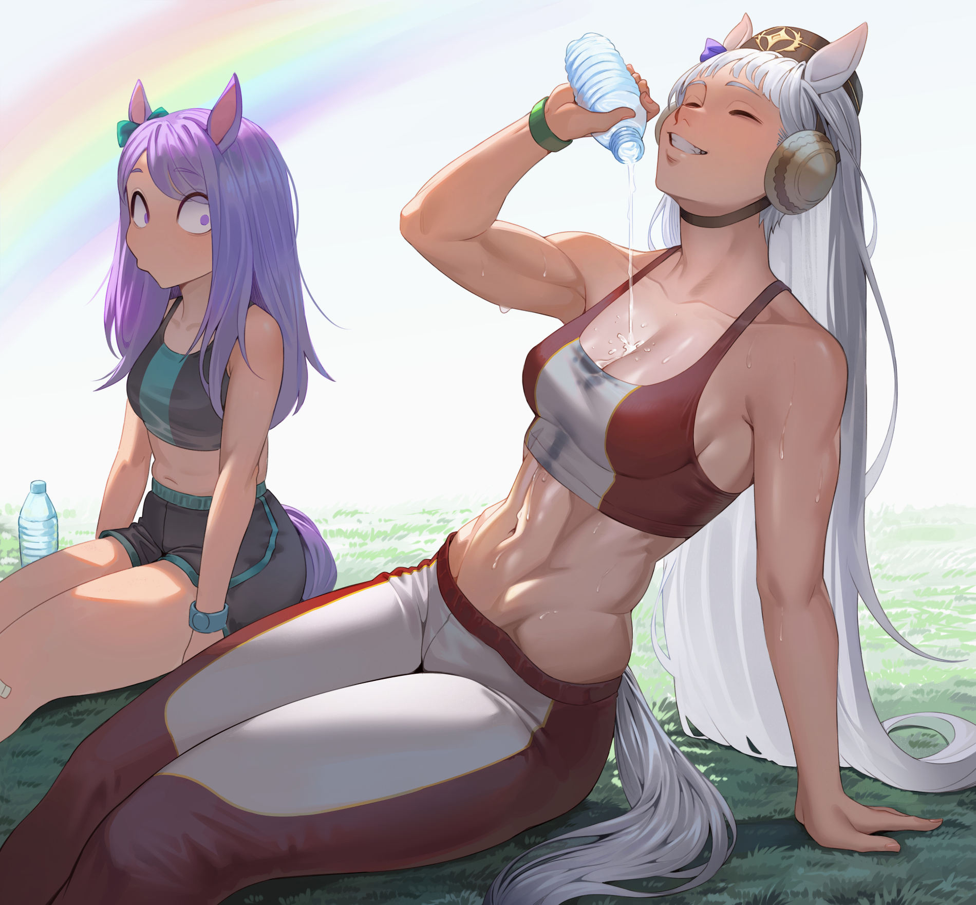abs, animal ears, athletic, athletic anthro, athletic female, belly, belly button, cheshirrr, female, female focus, female only, flustered, gold ship (red strife) (umamusume), gold ship (umamusume), grass, horse, horse girl, kemonomimi, lesbian, looking at another, mejiro mcqueen (frontline elegance) (umamusume), mejiro mcqueen (umamusume), midriff, midriff baring shirt, muscular, muscular female, pouring, pouring on self, rainbow, sports bra, sportswear, stomach, tail, tummy, umamusume, umamusume pretty derby, water, water bottle, water drop, yuri