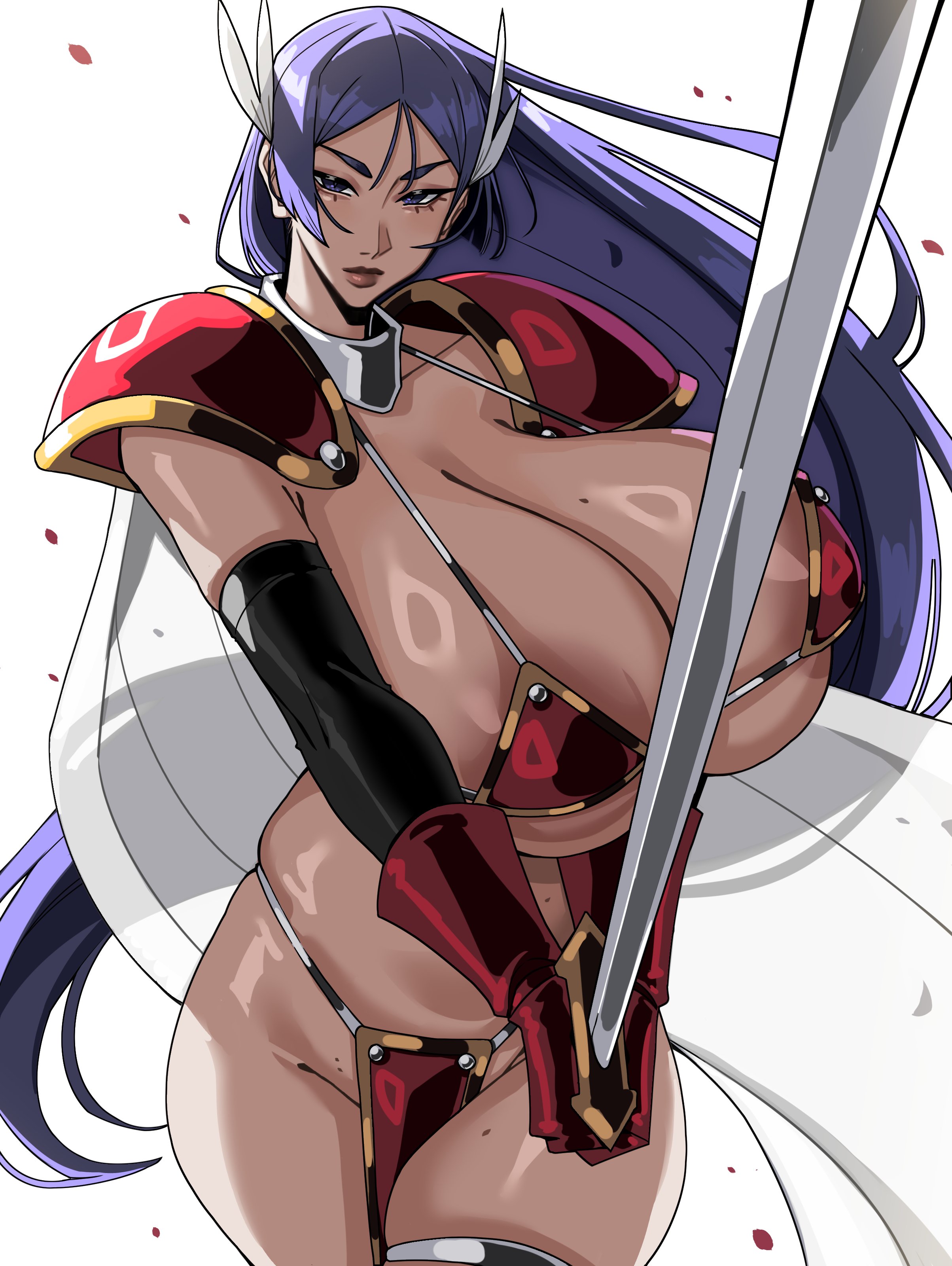 1girls, alecto 0, areolae, areolae slip, armwear, big breasts, bikini armor, bottomwear, breasts, cleavage, cosplay, dragon quest, dragon quest iii, fate (series), female, female only, gloves, hair, handwear, hips, holding object, holding weapon, huge breasts, large breasts, long hair, mature, mature female, mature woman, milf, minamoto no raikou (fate/grand order), mole, mole on breast, pelvic curtain, purple eyes, purple hair, revealing clothes, shoulder pads, skimpy, skimpy armor, soldier (dq3) (cosplay), solo, solo female, sword, thick thighs, thighs, topwear, weapon, white background