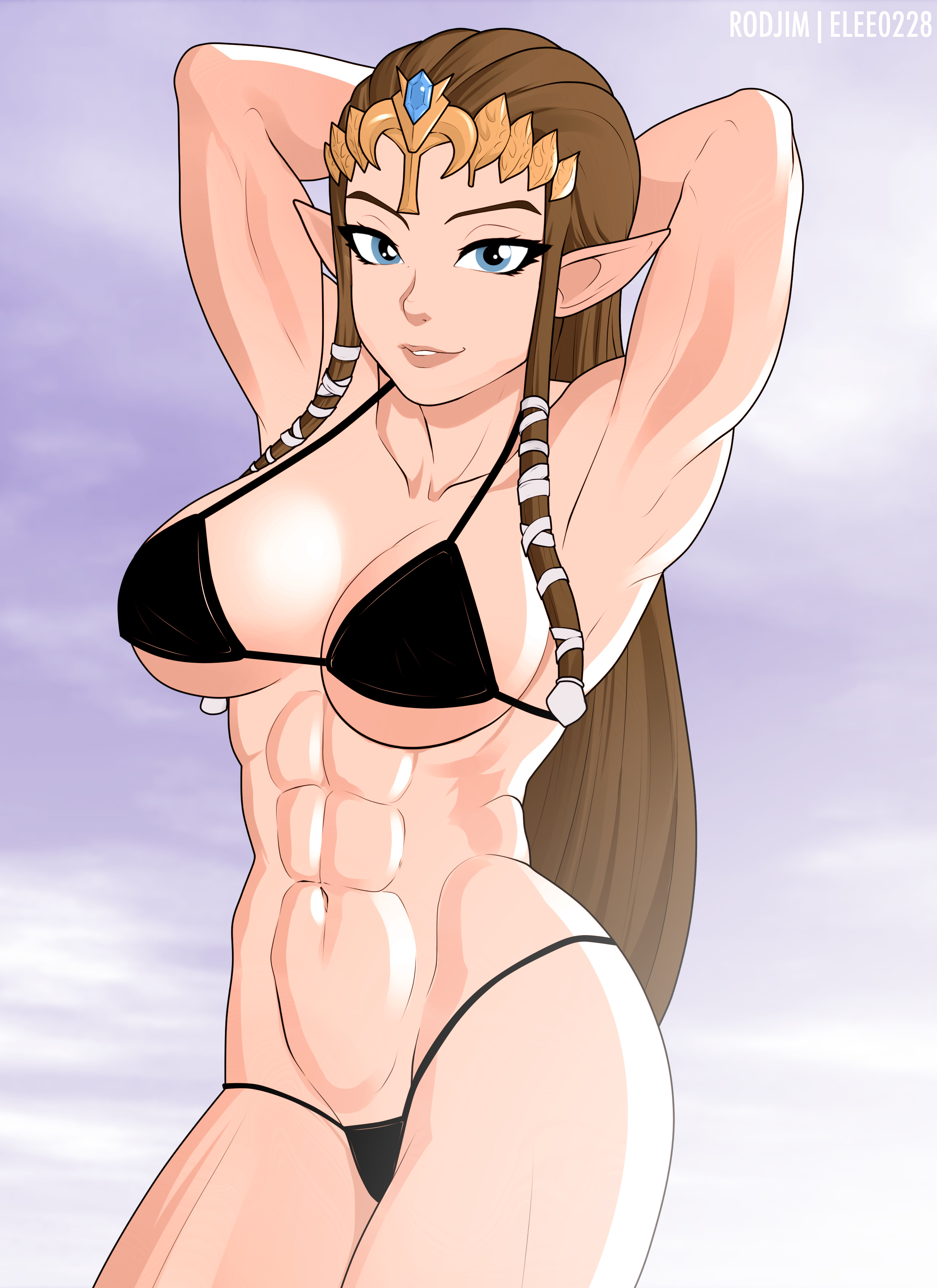 1girls, abs, armpits, arms behind head, big breasts, bikini, blue eyes, breasts, brown hair, busty, cleavage, elee0228, female, female only, large breasts, looking at viewer, muscles, muscular, muscular female, nintendo, pointy ears, pose, posing, princess zelda, rodjim, sensual, solo, the legend of zelda, twilight princess, voluptuous, zelda (twilight princess)