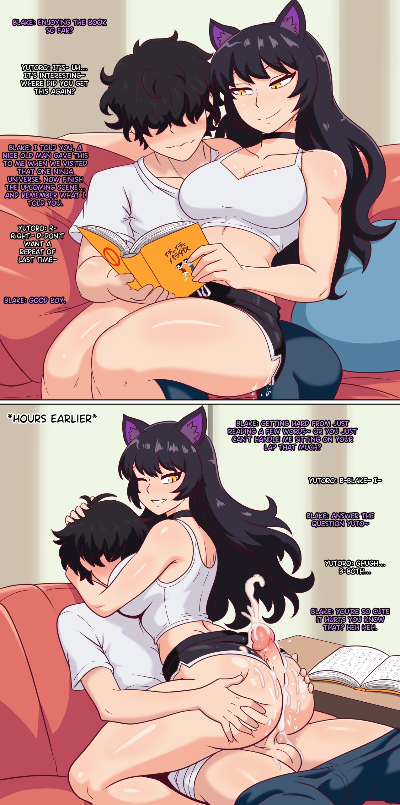 1boy, 1boy1girl, 1girls, 2koma, anime one night stands, arm over shoulder, arms around neck, ass against crotch, black hair, blake belladonna, blush, butt focus, buttjob, cat ears, catgirl, choker, comic, cum on ass, dialogue, dywtba-alt-universe, excessive cum, face in breasts, fat ass, faunus, femdom, hair over eyes, hot dogging, leaking cum, malesub, marathon sex, original character, pajamas, pants around thighs, reading book, rwby, shooting cum, sitting on lap, thick thighs, unseen male eyes, woman on top, yellow eyes