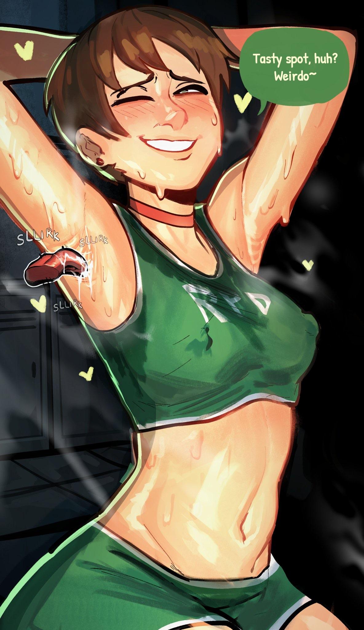 1girls, adeniz, armpit, armpit fetish, armpit licking, armpits, capcom, clothed, nipples visible through clothing, rebecca chambers, resident evil, resident evil 0, short hair, speech bubble, sweaty, tomboy