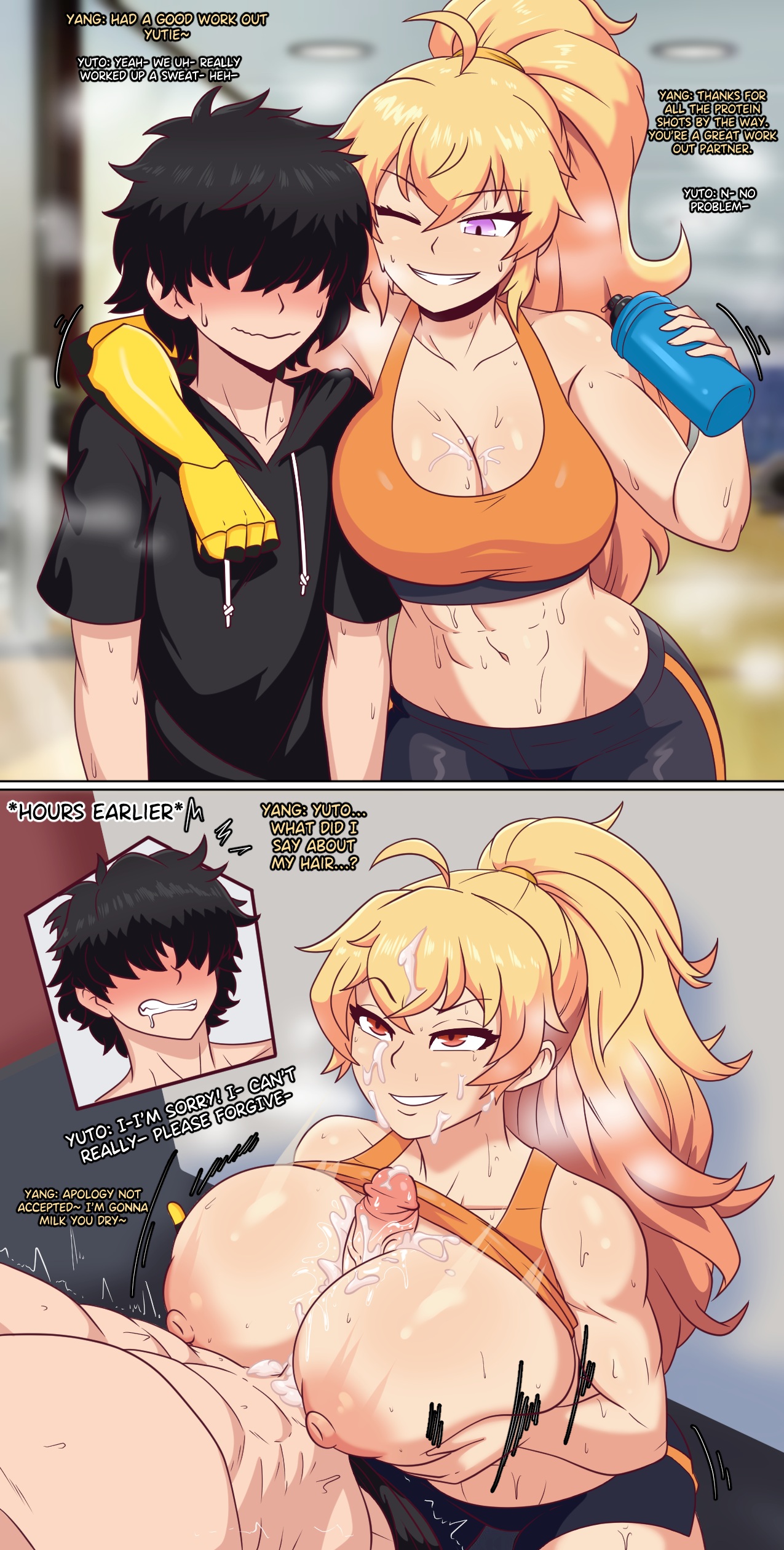 1boy, 1boy1girl, 1girls, 2koma, abs, angry expression, angry sex, anime one night stands, blonde hair, blush, boobjob, comic, cum on breasts, cum on face, cum on hair, cybernetic arm, dialogue, drooling, dywtba-alt-universe, erect nipples, excessive cum, eyes hidden, femdom, gym, hair covering eyes, kneeling oral position, larger female, leaking cum, malesub, marathon sex, massive breasts, milking dry, milking penis, muscular female, original character, paizuri, paizuri lead by female, ponytail, prosthetic arm, punishment sex, purple eyes, red eyes, rwby, smaller male, sweat, water bottle, working out, yang xiao long