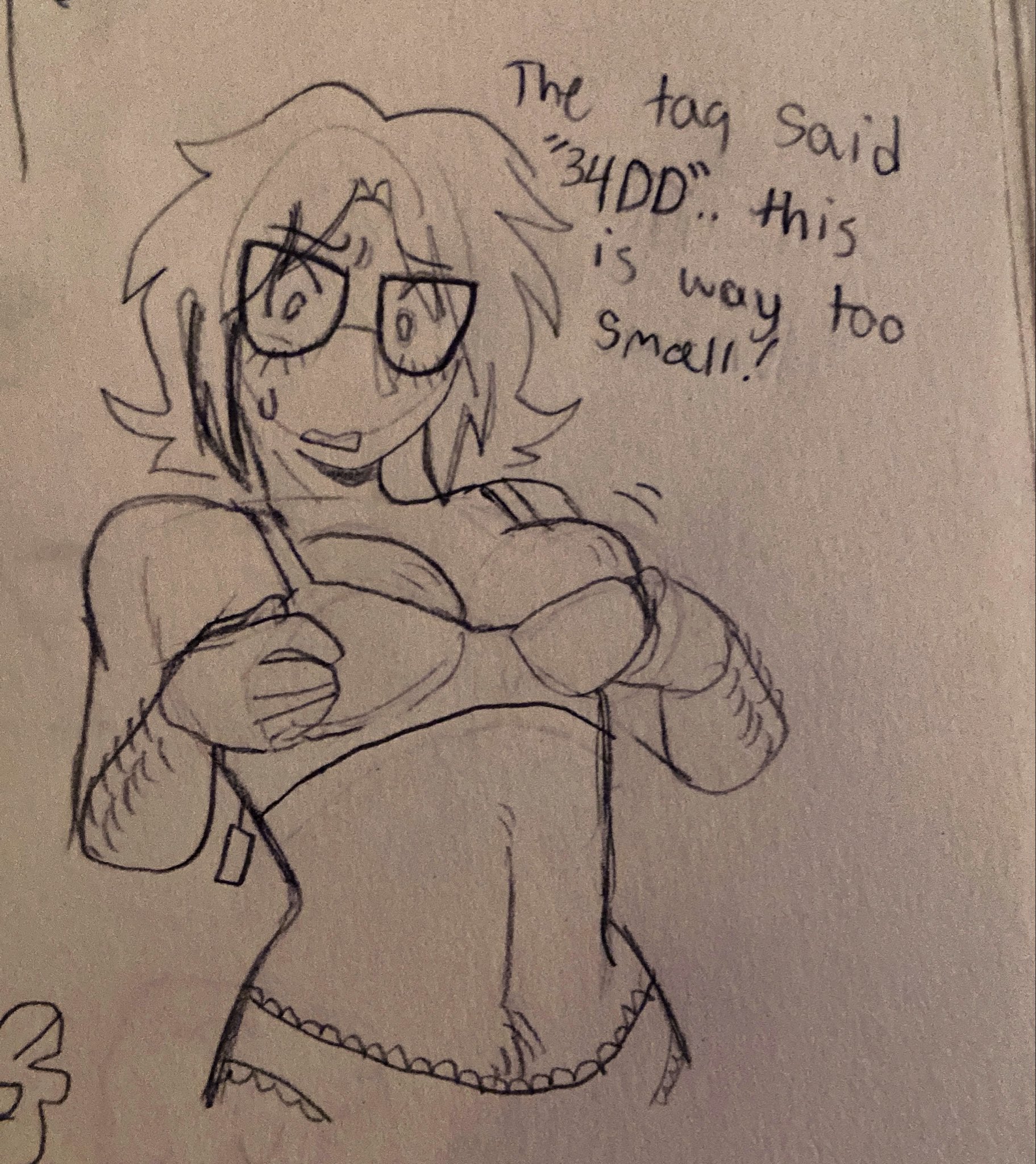 1other, barely contained breasts, barely fits, boobs, bra, bra too small, breasts, exposed stomach, fact attack adventures, facty (fact attack adventures), feminine, glasses, hairy, hairy arms, happy trail, lace, lace trim, lace-trimmed panties, laced underwear, nonbinary, nonbinary (lore), partially clothed, putting clothes on, putting on bra, putting on clothes, short hair, solo, solo focus, stomach exposed, struggling to fit, tagme, traditional art, traditional media (artwork)