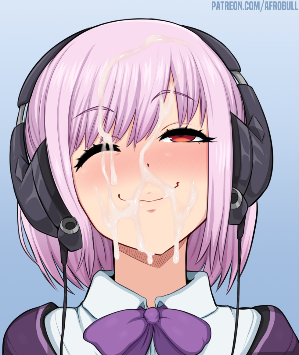 afrobull cum cum_on_closed_eye cum_on_face eyebrows_visible_through_hair female female_only headphones one_eye_closed purple_hair school_uniform shinjou_akane smile solo ssss.gridman