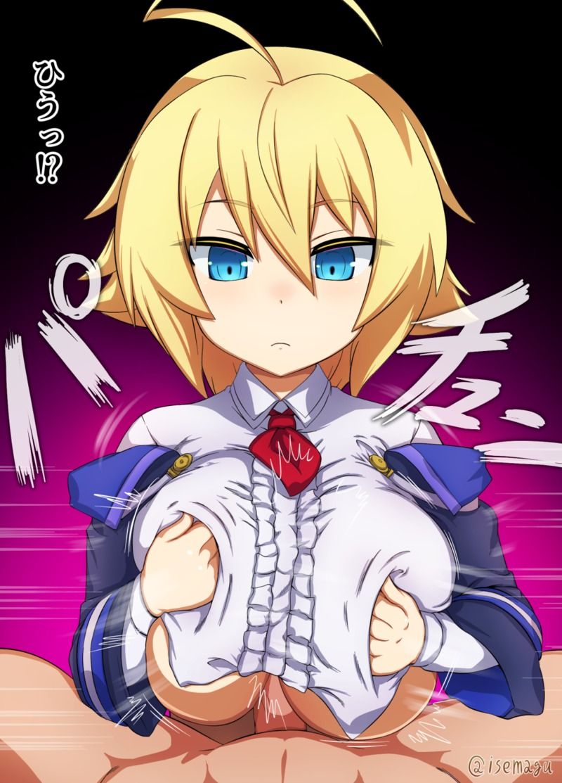 1boy artist_name blazblue blonde_hair blue_eyes emotionless es_(xblaze) female isemagu long_sleeves paizuri short_hair solo_focus straight uniform xblaze xblaze_code:_embryo