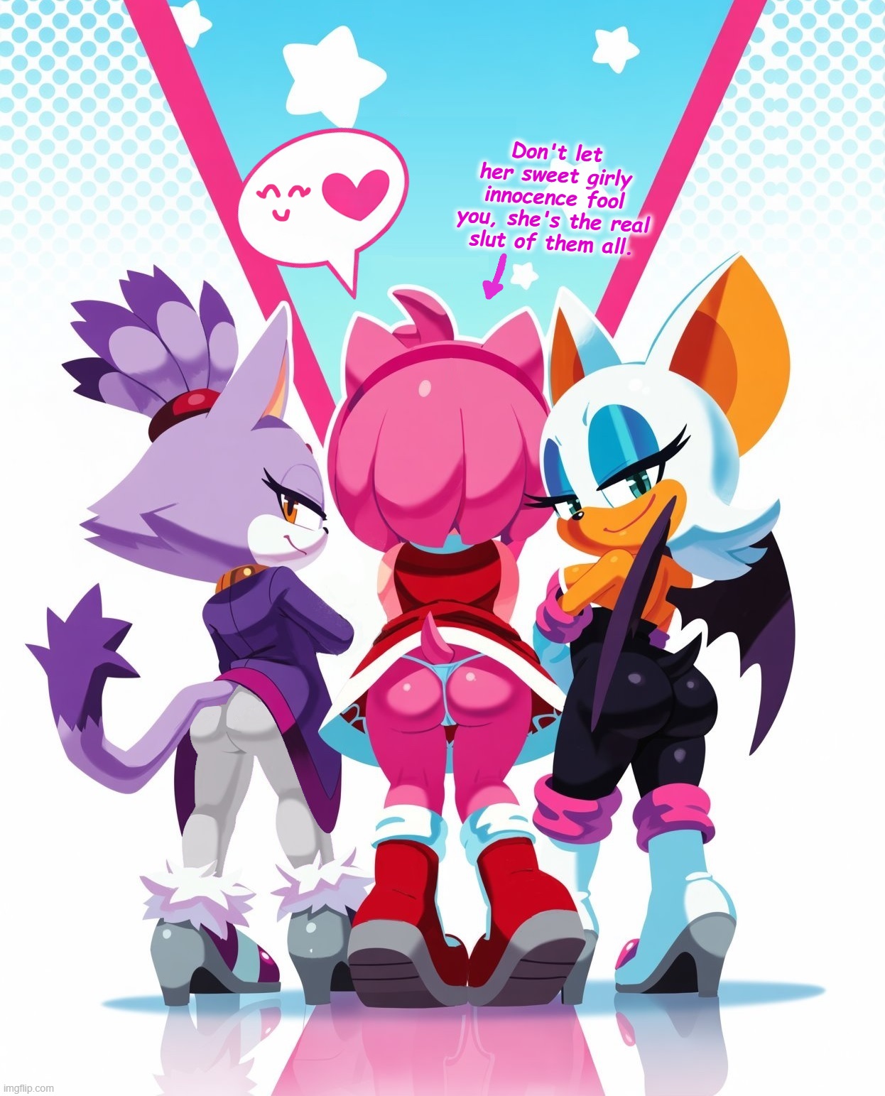 3girls, age difference, ai generated, amy rose, anthro, anthro only, ass, ass focus, backless outfit, bare legs, bat, bat wings, blaze the cat, blue eyes, bonsoirdude, boots, cat, eyelashes, female, female only, gloves, green eyes, hairband, hedgehog, high heels, legs, makeup, mascara, medium hair, multiple girls, orange fur, orange hair, panties, pink fur, pink hair, ponytail, purple fur, purple hair, purple jacket, red boots, red dress, red hairband, rouge the bat, sega, shortstack, sideboob, smile, sonic the hedgehog (series), suit, tail, teenage girl, teenager, tight clothes, tight suit, white boots, white gloves, white hair, white panties, white pants, wings, yellow eyes, young female