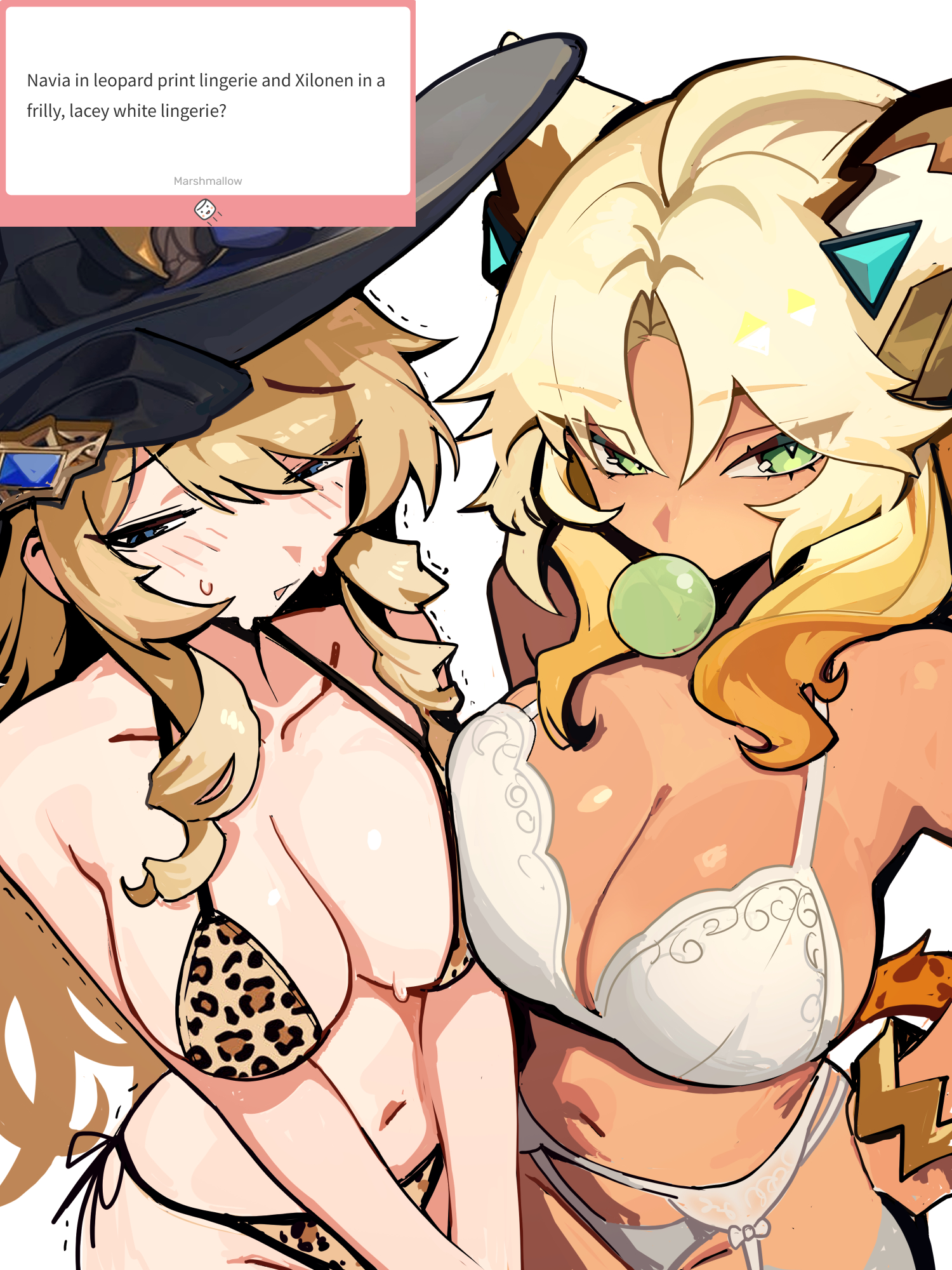 2girls, breasts, dark skin, dark-skinned female, distr, female, female focus, female only, genshin impact, large breasts, light skin, light-skinned female, navia (genshin impact), thick thighs, thighs, wide hips, xilonen (genshin impact)