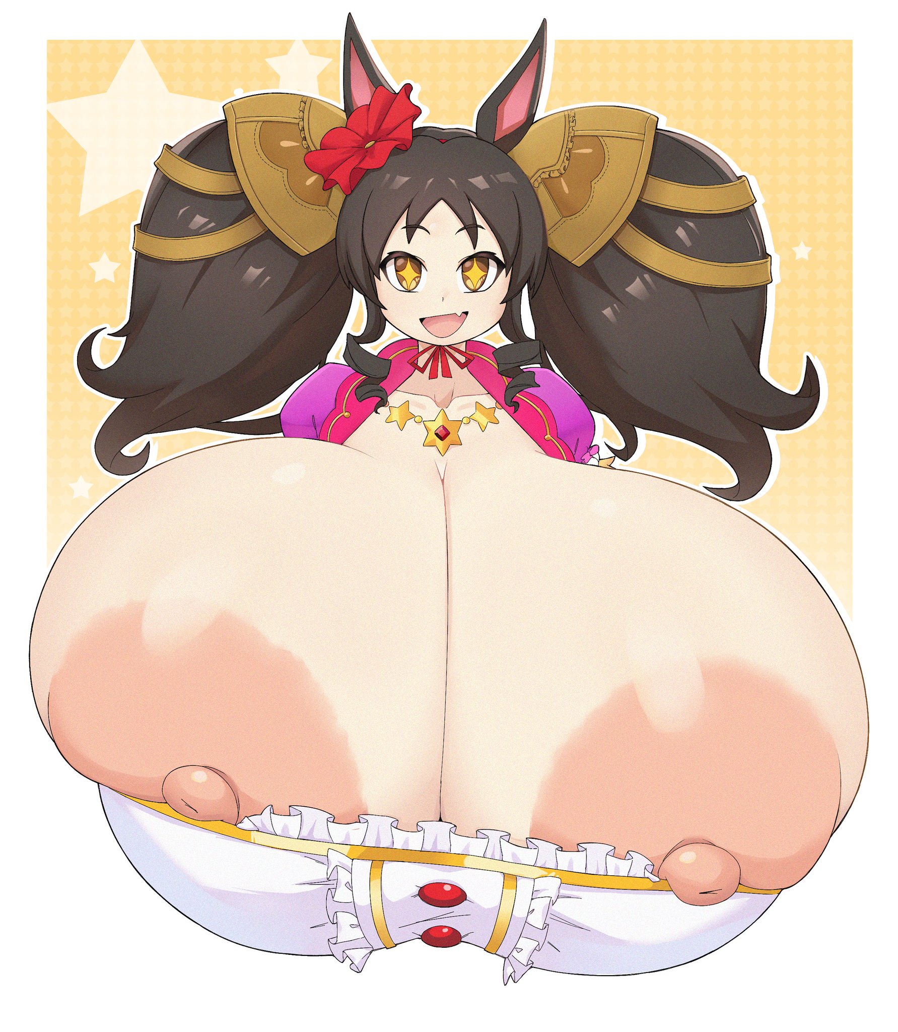 2d, 2d (artwork), big breasts, black hair, black hair female, breasts, breasts bigger than head, clothed, clothed female, clothing, dumbp13, female, female focus, female only, flower, flower in hair, glistening, glistening eyes, hairwear, horse, horse ears, horse girl, huge breasts, hyper breasts, long hair, long hair female, looking at viewer, marvelous sunday (umamusume), mostly clothed, mostly clothed female, nipple slip, nipples outside, pigtails, skin fang, smile, smiling, smiling at viewer, solo, solo female, solo focus, umamusume, umamusume pretty derby, wardrobe malfunction