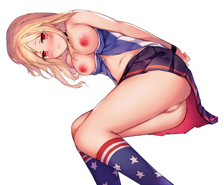 1girls american_flag american_flag_legwear arms_behind_back ass azur_lane blonde_hair blush bound bound_wrists breasts cleveland_(azur_lane) commentary exposed_pussy female female_only looking_at_viewer lying medium_breasts medium_hair navel no_bra no_panties on_side pleated_skirt prpr_friends pussy red_eyes simple_background skirt solo thighs white_background