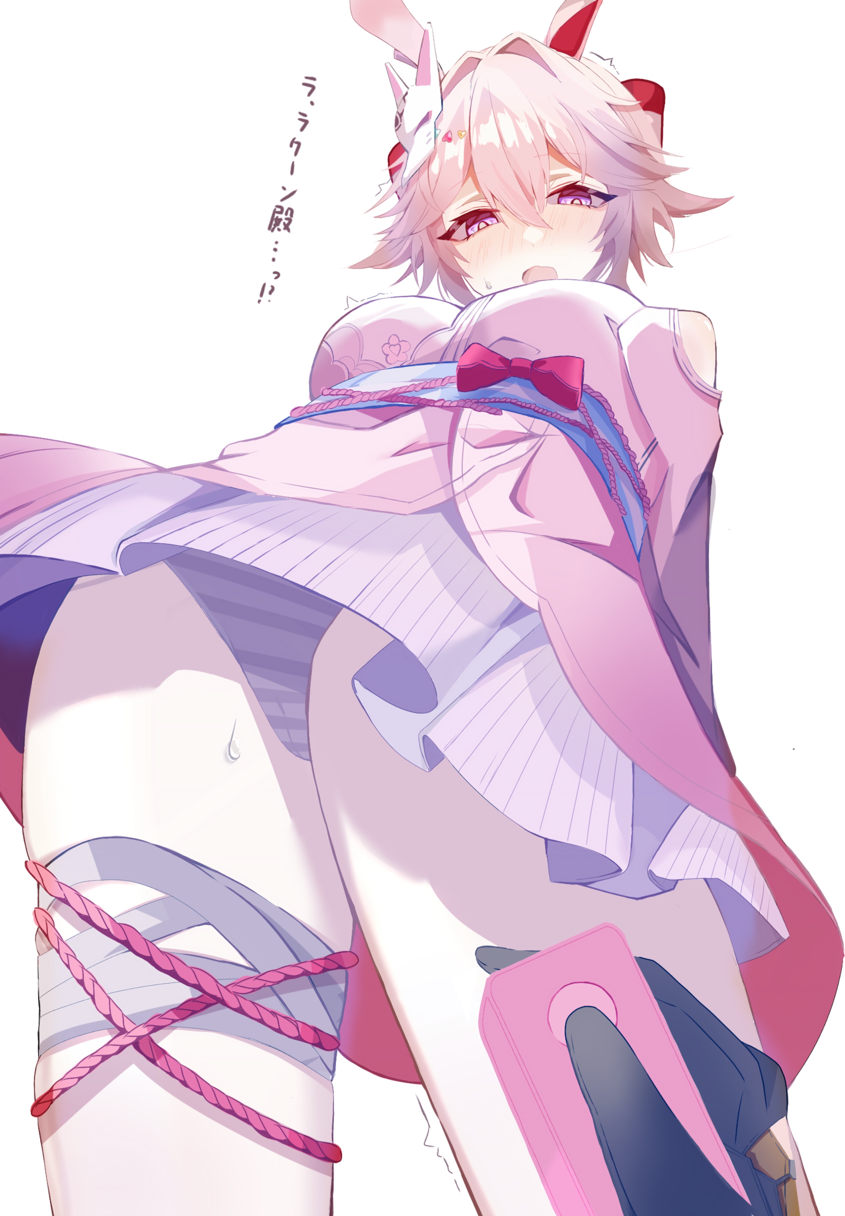 1girls, animal ears, breasts, evanescia (honkai: star rail), female, fox ears, honkai (series), honkai: star rail, hoyoverse, japanese clothes, kimono, long hair, medium breasts, mihoyo, official alternate costume, panties, pantyshot, pantyshot (standing), pink hair, pink kimono, purple eyes, striped panties, striped underwear, underwear