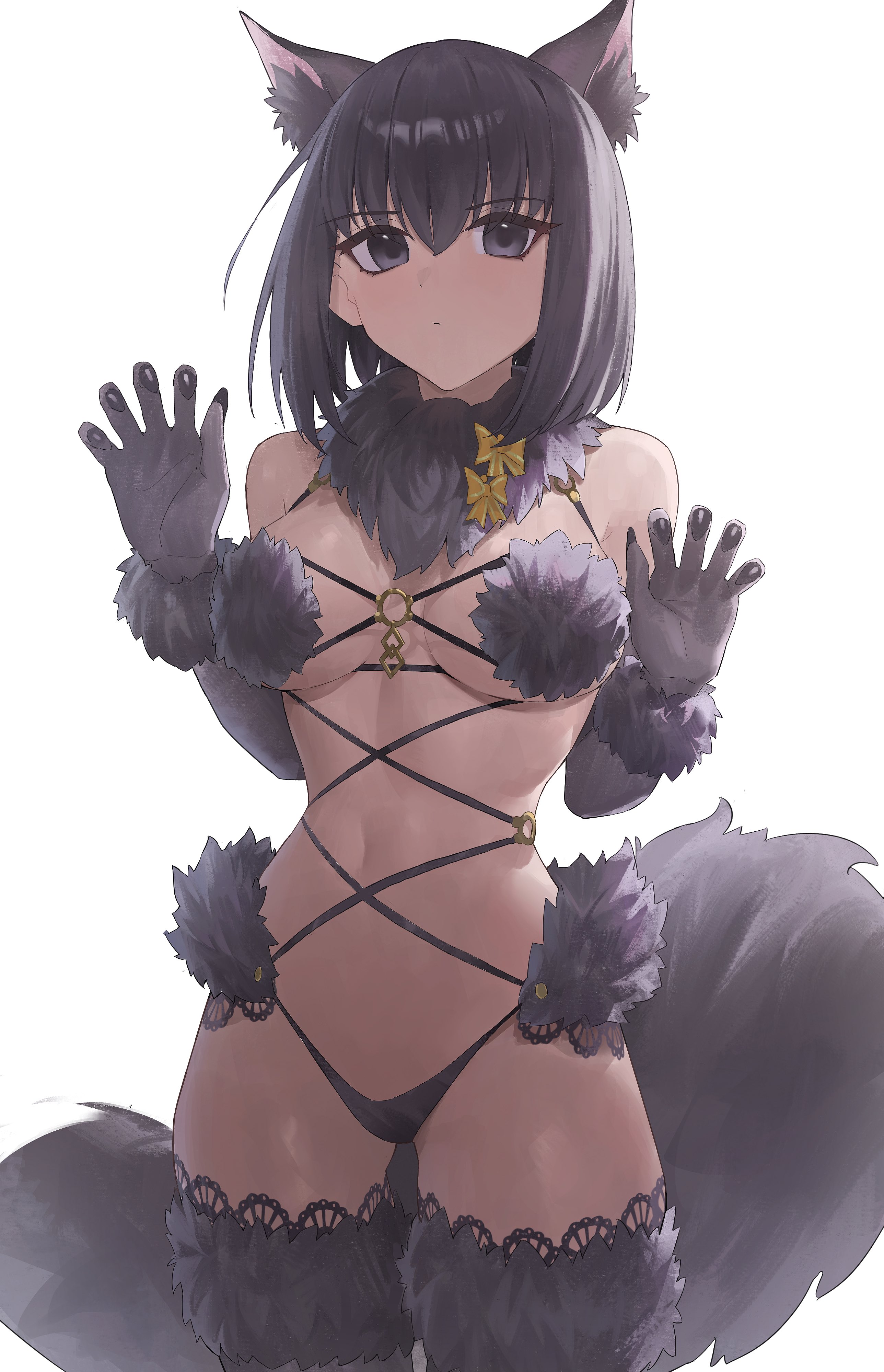 1girl, absurdres, animal ear fluff, animal ears, black eyes, black hair, breasts, chaldea logo, commentary request, cosplay, fate (series), fate/grand order, fur bikini, fur bra, fur trim, fur-trimmed gloves, fur-trimmed legwear, fur-trimmed thighhighs, gloves, highres, kuonji alice, long sleeves, looking at viewer, mahou tsukai no yoru, mash kyrielight, mash kyrielight (dangerous beast), mash kyrielight (dangerous beast) (cosplay), medium breasts, o taku, o-ring, short hair, solo, tail, thighhighs, type-moon, wolf tail