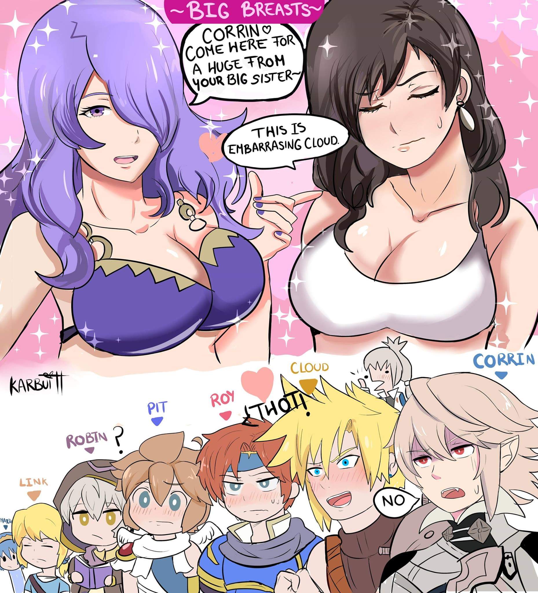 2girls, absurdres, armor, bikini, blonde hair, blue hair, breasts, breath of the wild, camilla (fire emblem), cape, cloud strife, corrin (fire emblem), corrin (fire emblem) (male), crossover, female, final fantasy, final fantasy vii, fire emblem, fire emblem awakening, fire emblem fates, fire emblem heroes, fire emblem: mystery of the emblem, fire emblem: shadow dragon and the blade of light, fire emblem: the binding blade, hairband, headband, highres, jewelry, karbuitt, kid icarus, kid icarus uprising, large breasts, link, long hair, male, marth (fire emblem), nintendo, pit (kid icarus), pointy ears, ponytail, robin (fire emblem), robin (fire emblem) (male), roy (fire emblem), short hair, simple background, smile, super smash bros., swimsuit, takumi (fire emblem), the legend of zelda, tiara, tifa lockhart, tunic, white hair