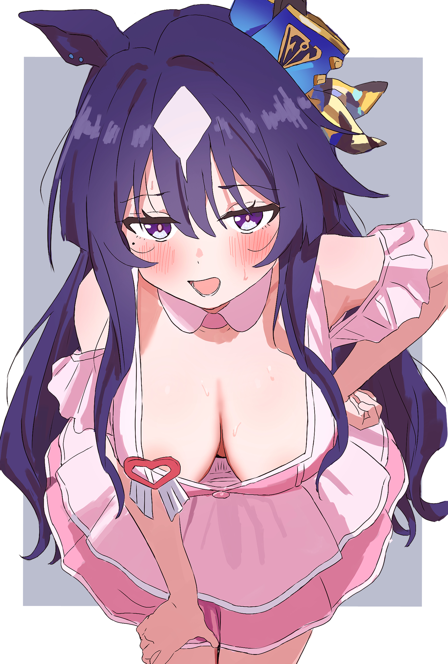 1girl, absurdres, blue eyes, blue hair, blush, cleavage, hand on hip, highres, horse ears, horse girl, large breasts, leaning forward, long hair, looking at viewer, mole under eye, open mouth, roooou (rou-uma), solo, sweat, thighs, umamusume, umamusume pretty derby, verxina (umamusume)