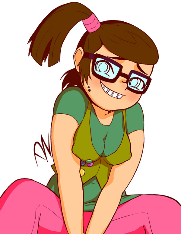 beth_(tdi) braces brown_hair dzyer female glasses nerd pink_pants shy sitting smiling total_drama_island vest