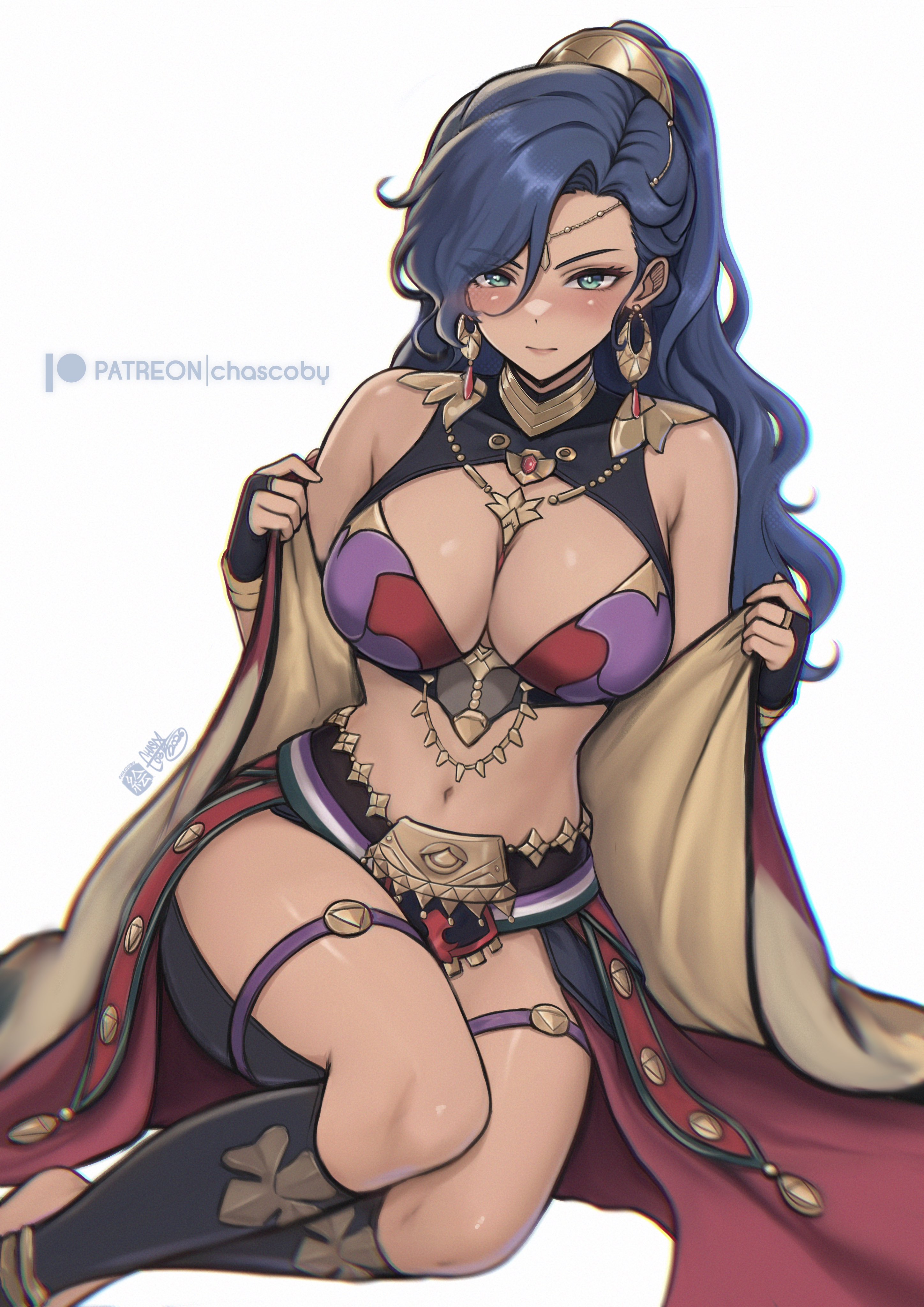 chascoby, dark-skinned female, fire emblem, fire emblem: fortune's weave, high ponytail, leda (fire emblem), looking at viewer, revealing clothes