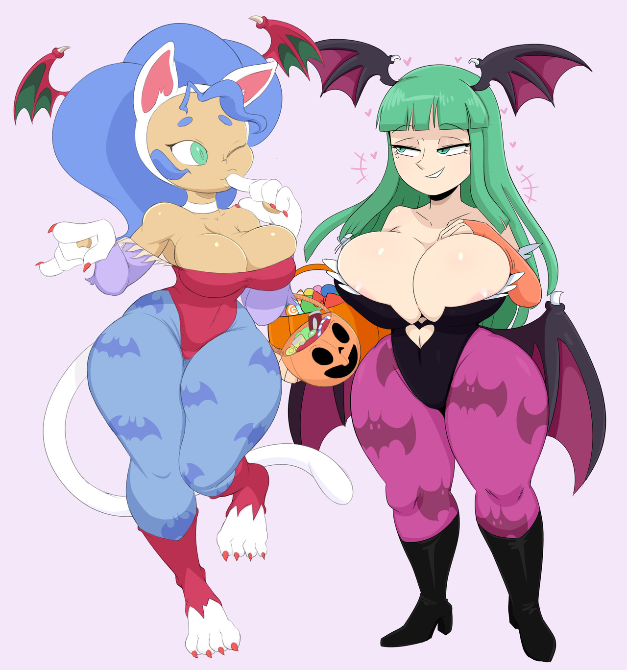 2girls, animal ears, animal print, bad id, bat print, big breasts, black boots, black heels, black high heel boots, black high heels, black leotard, blue hair, boots, breasts, candy, capcom, cat ears, cat girl, cat paws, cat tail, catgirl, cleavage, clothing, collaboration, cosplay, darkstalkers, dead source, demon, demon girl, felicia, felicia (darkstalkers), female, female only, finger in mouth, green eyes, green hair, grin, hair, halloween, head wings, heels, high heel boots, high heels, huge breasts, jinu, large breasts, leotard, lilith aensland (cosplay), long hair, morrigan aensland, multiple females, multiple girls, one eye closed, paws, purple yoshi draws, purple-yoshi, red leotard, shortstack, smile, succubus, tail, thick thighs, thighhighs, wide hips, wings