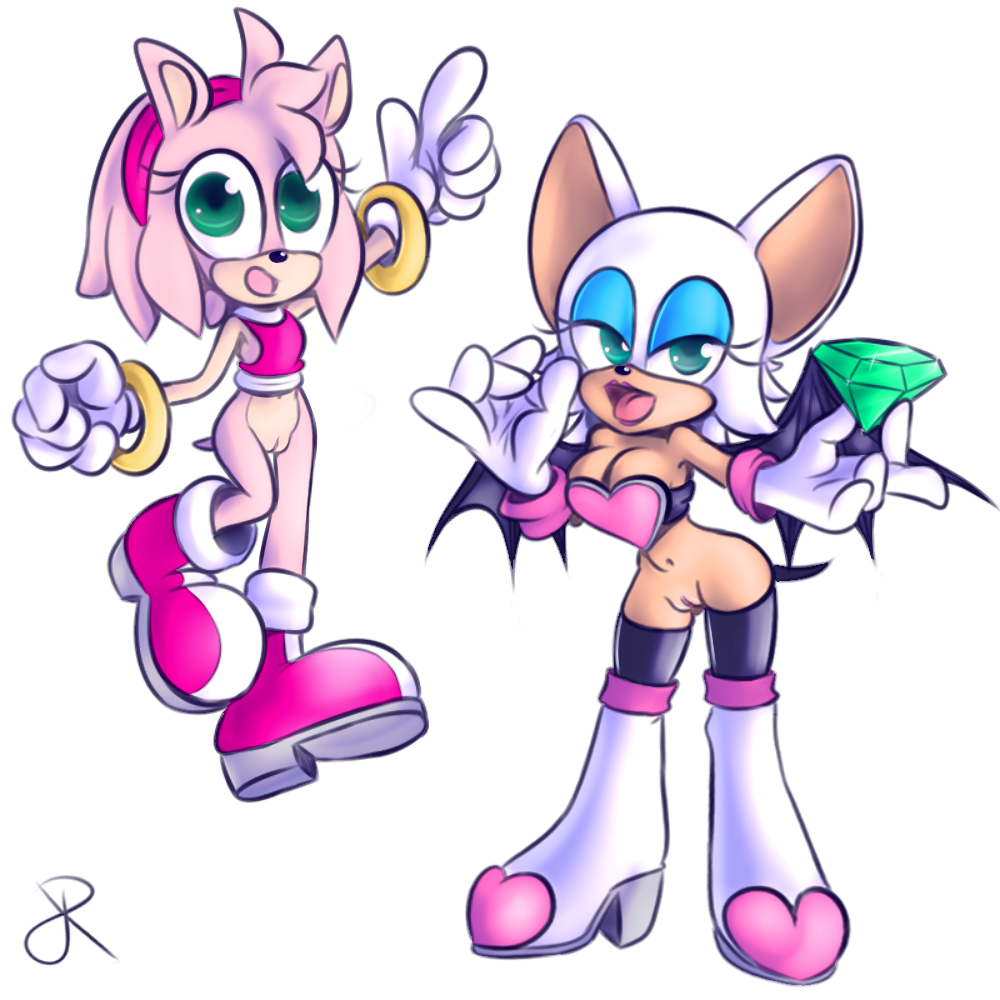 amy_rose bat bottomless clothed clothing female fur heart_bra_only hedgehog mammal pink_fur pussy rasenxoru rouge_the_bat sonic_(series) white_fur