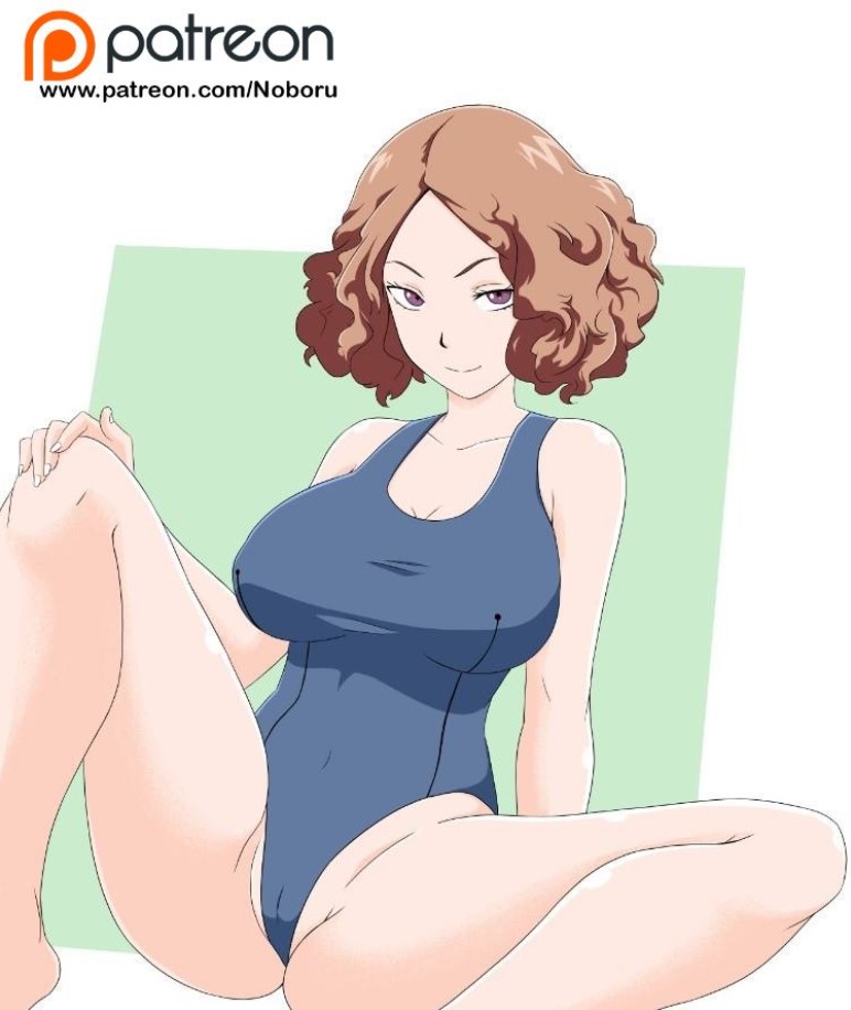 1girls, big breasts, breasts, cameltoe, female, female only, fluffy hair, haru okumura, open legs, persona, persona 5, pussy, school swimsuit, short hair, swimsuit