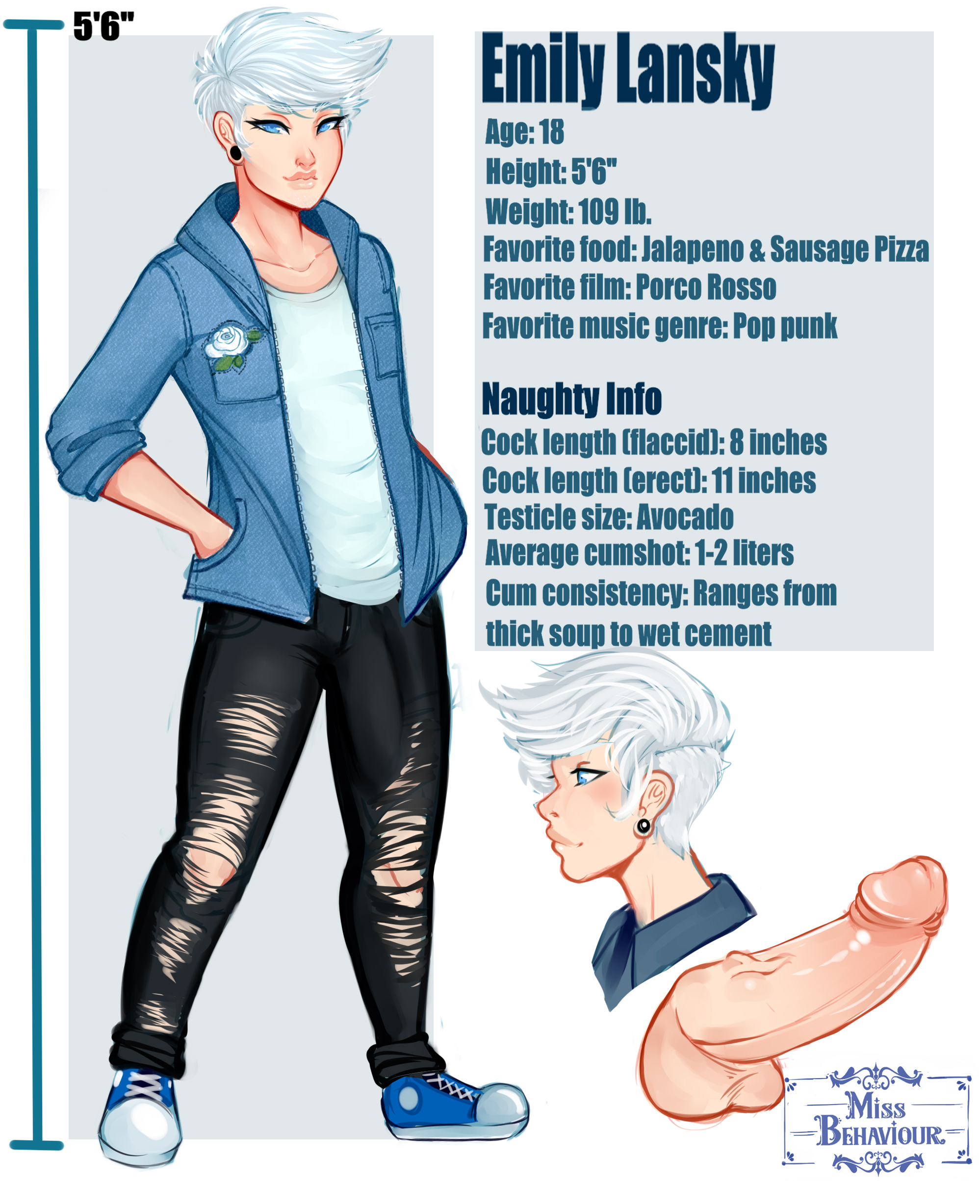 balls, blue eyes, bulge, character age, character profile, character sheet, futa only, futanari, intersex, missbehaviour, oc, original, penis, white hair