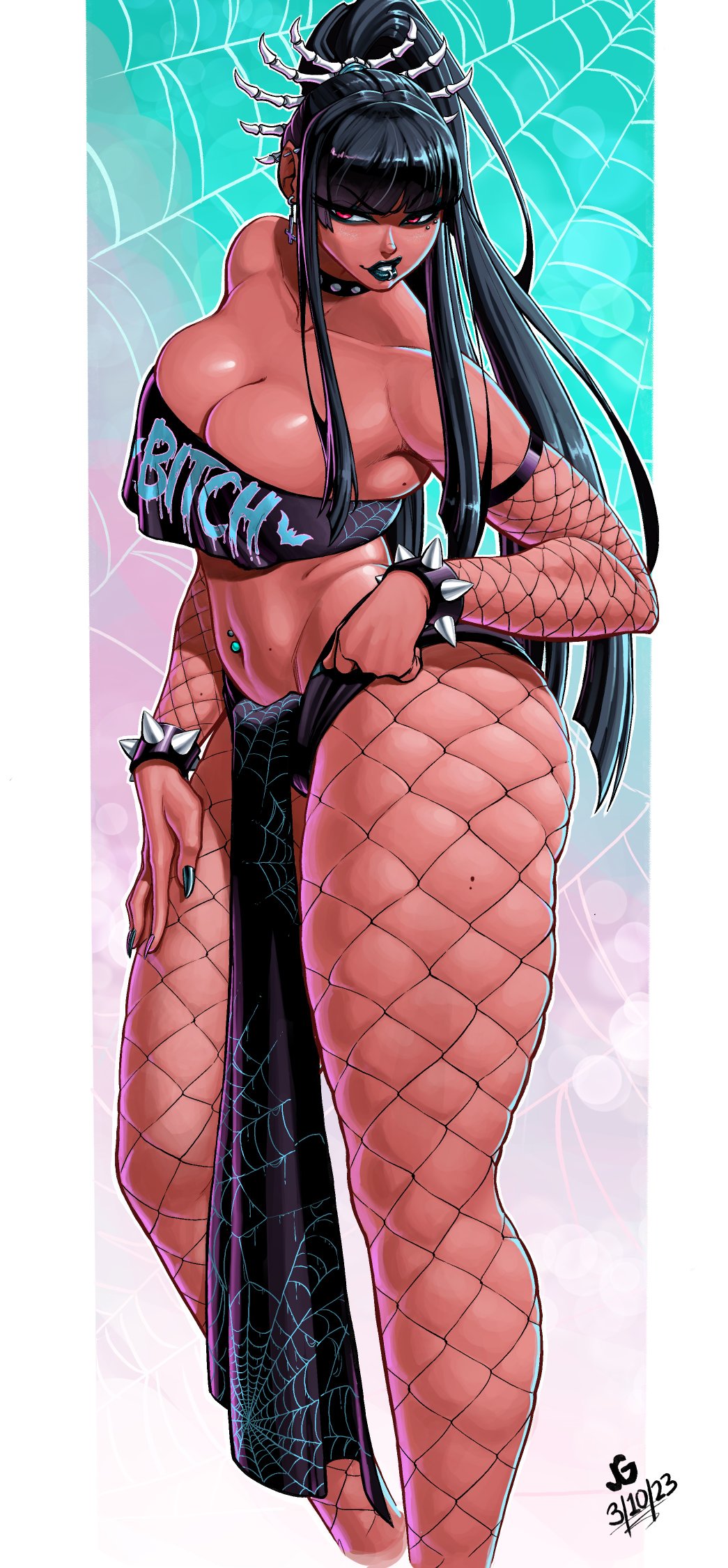 1girls black_hair black_lipstick chel choker clothed clothing dark-skinned_female dark_skin dreamworks female female_focus female_only fishnets goth goth_chel goth_girl jgeorgedrawz lip_piercing long_hair navel_piercing piercings the_road_to_el_dorado thick_thighs