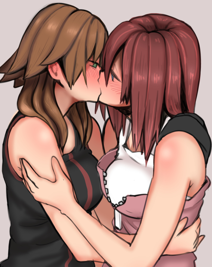 2girls blue_eyes blush breasts brown_hair clothing disney female female_only green_eyes half-closed_eyes kairi kingdom_hearts kissing long_hair medium_hair multiple_girls olette red_hair square_enix umonebi yuri