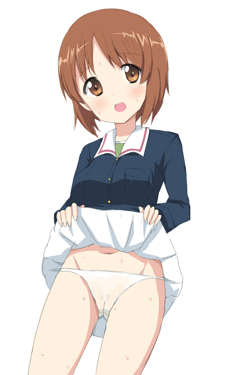 blush breasts brown_eyes brown_hair censored embarrassed female female girls_und_panzer lifted_by_self long_sleeves navel nishizumi_miho ooarai_school_uniform open_mouth panties pubic_hair pussy school_uniform see-through shirt short_hair simple_background skirt skirt_lift solo standing sweat tanuxu underwear white_background white_panties