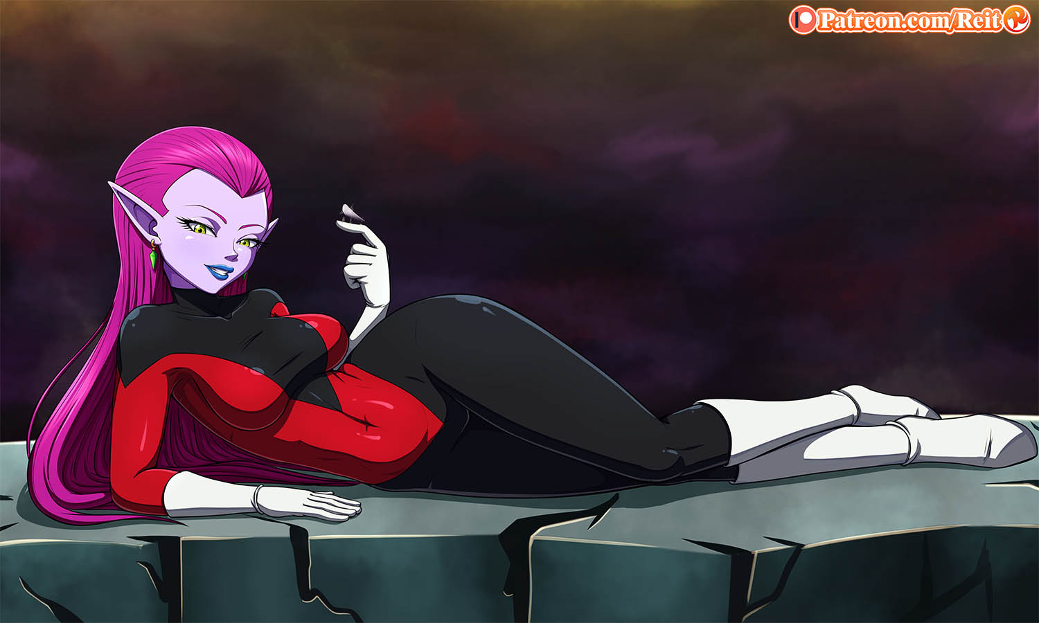 boots, cocotte, dragon ball, dragon ball super, female, fully clothed, gloves, green eyes, latex, latex suit, looking at viewer, lying on side, pointy ears, purple hair, purple skin, reit, solo, suit, tournament of power