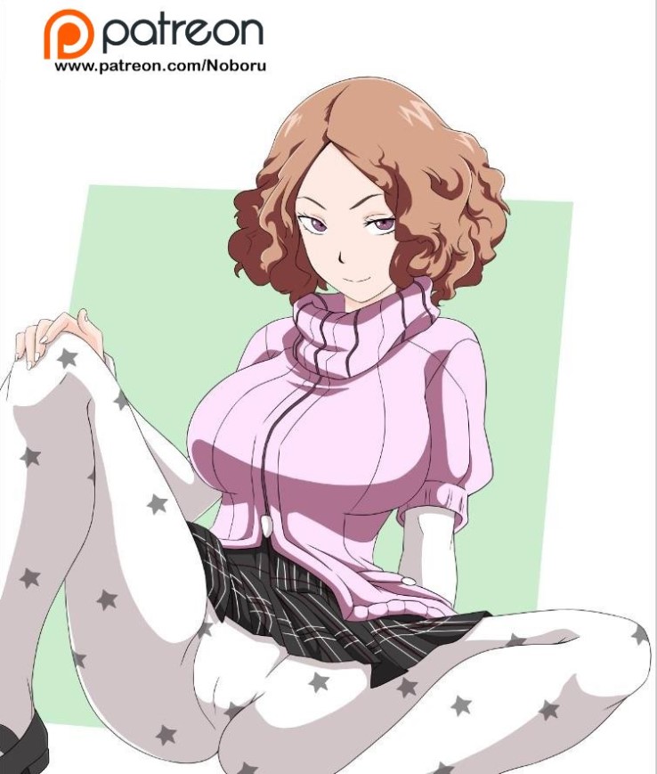 1girls, big breasts, breasts, cameltoe, female, female only, fluffy hair, haru okumura, open legs, persona, persona 5, pussy, school uniform, short hair, shuujin academy uniform, skirt, stockings
