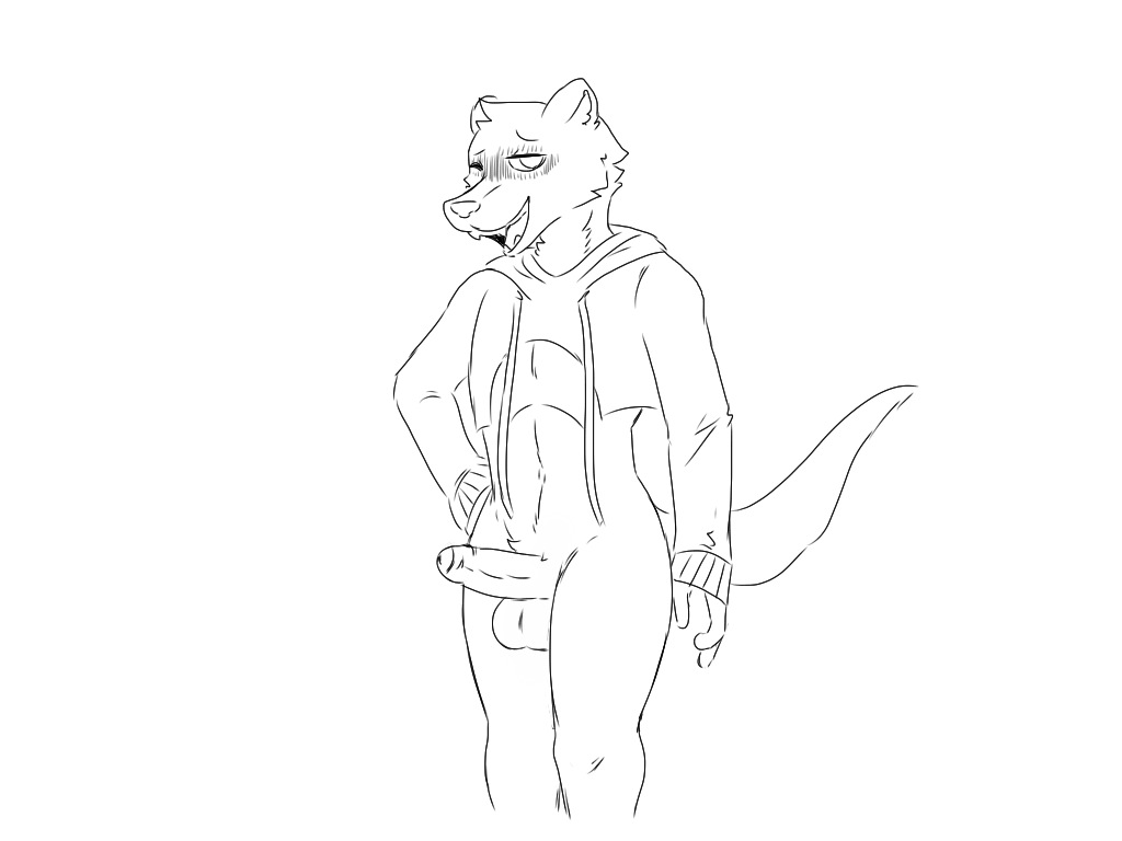 anthro balls black_and_white bottomless clothed clothing drawyourfursona erection ferret jaycob_(artist) larret_barret male male_only mammal monochrome mustelid penis solo uncut